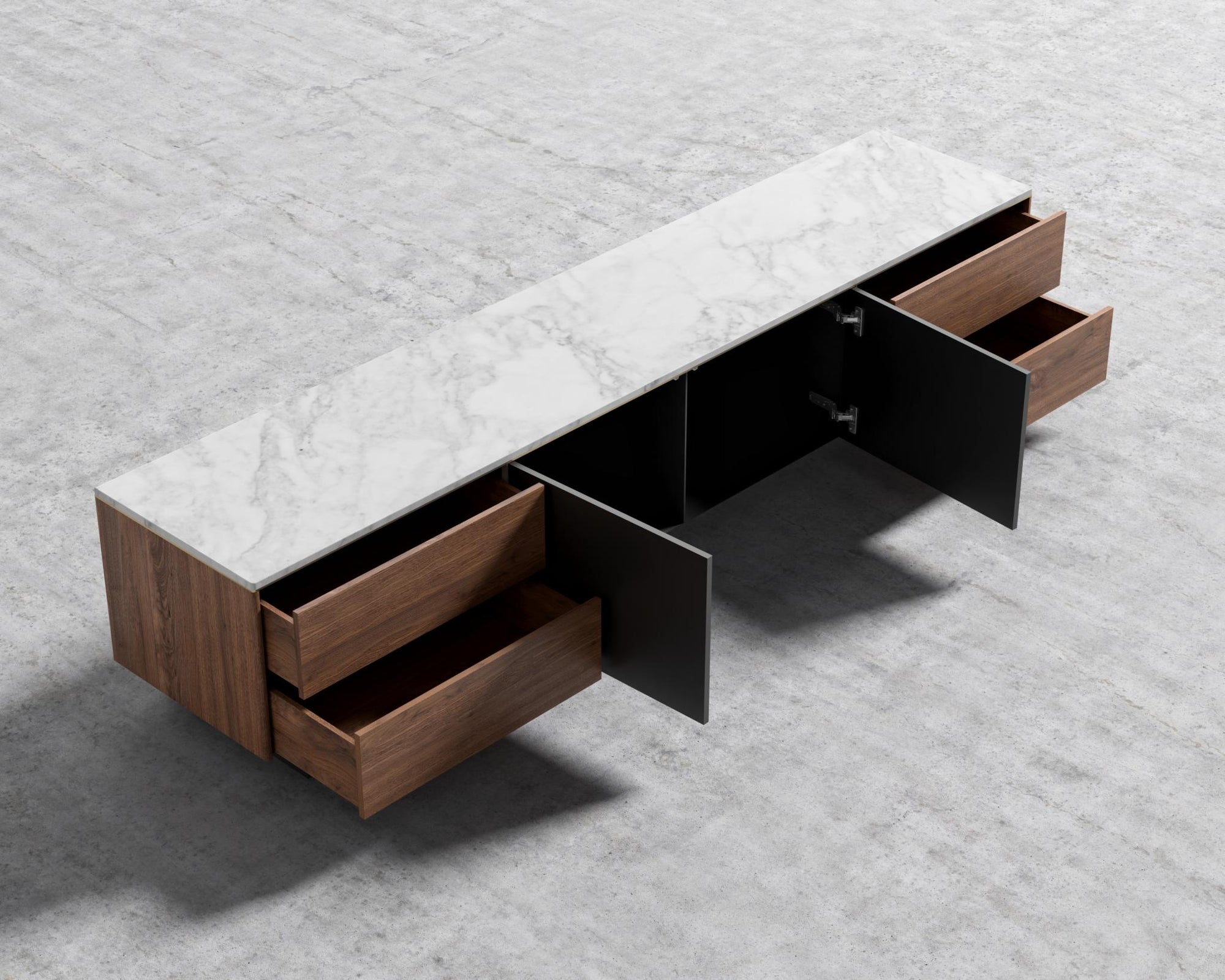 Augustus TV Stand - White Marble, Walnut Veneer