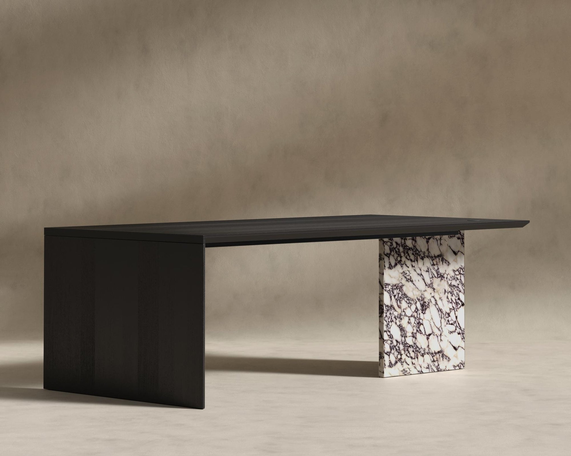Gia Desk (Black Label) - 88" x 43", Viola Marble, Black Oak Veneer
