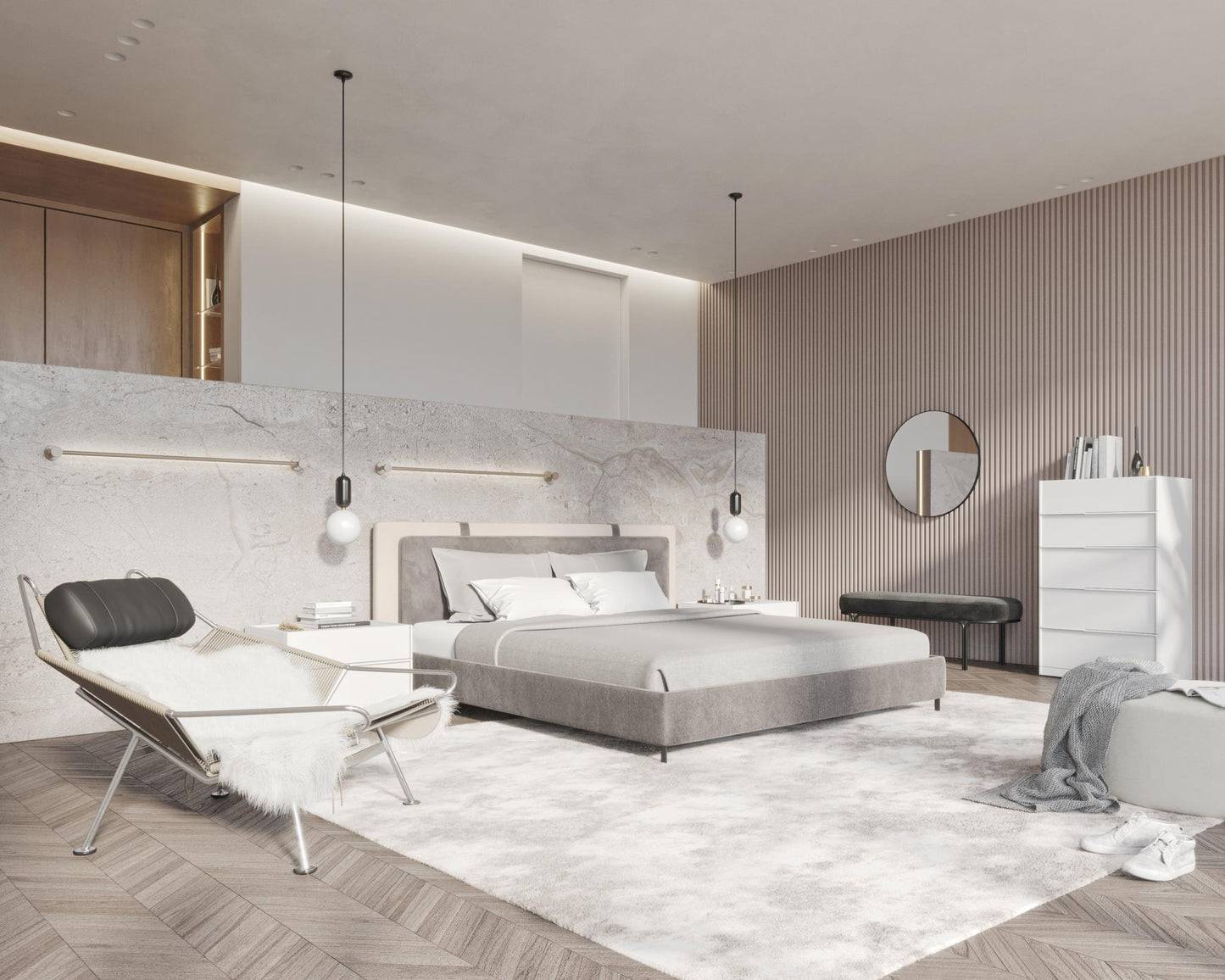 Abigail Bed -Milan Grey featuring Hunter Collection - White Glossy Lacquer and Angelo Bench is Black Velvet