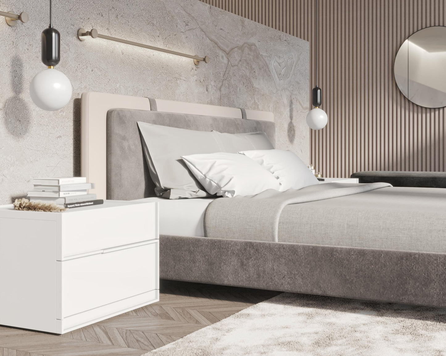 Abigail Bed -Milan Grey featuring Hunter Collection - White Glossy Lacquer and Angelo Bench is Black Velvet