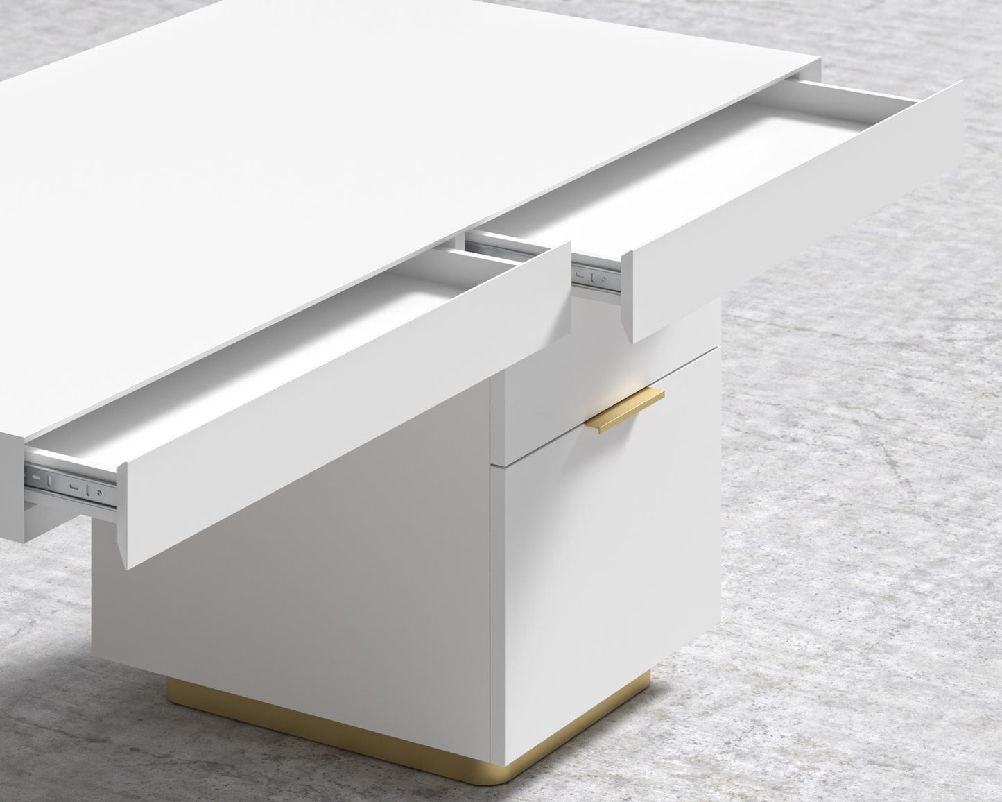 Arlo Desk - Brushed Brass, 63" x 31.5", Glossy White Lacquer
