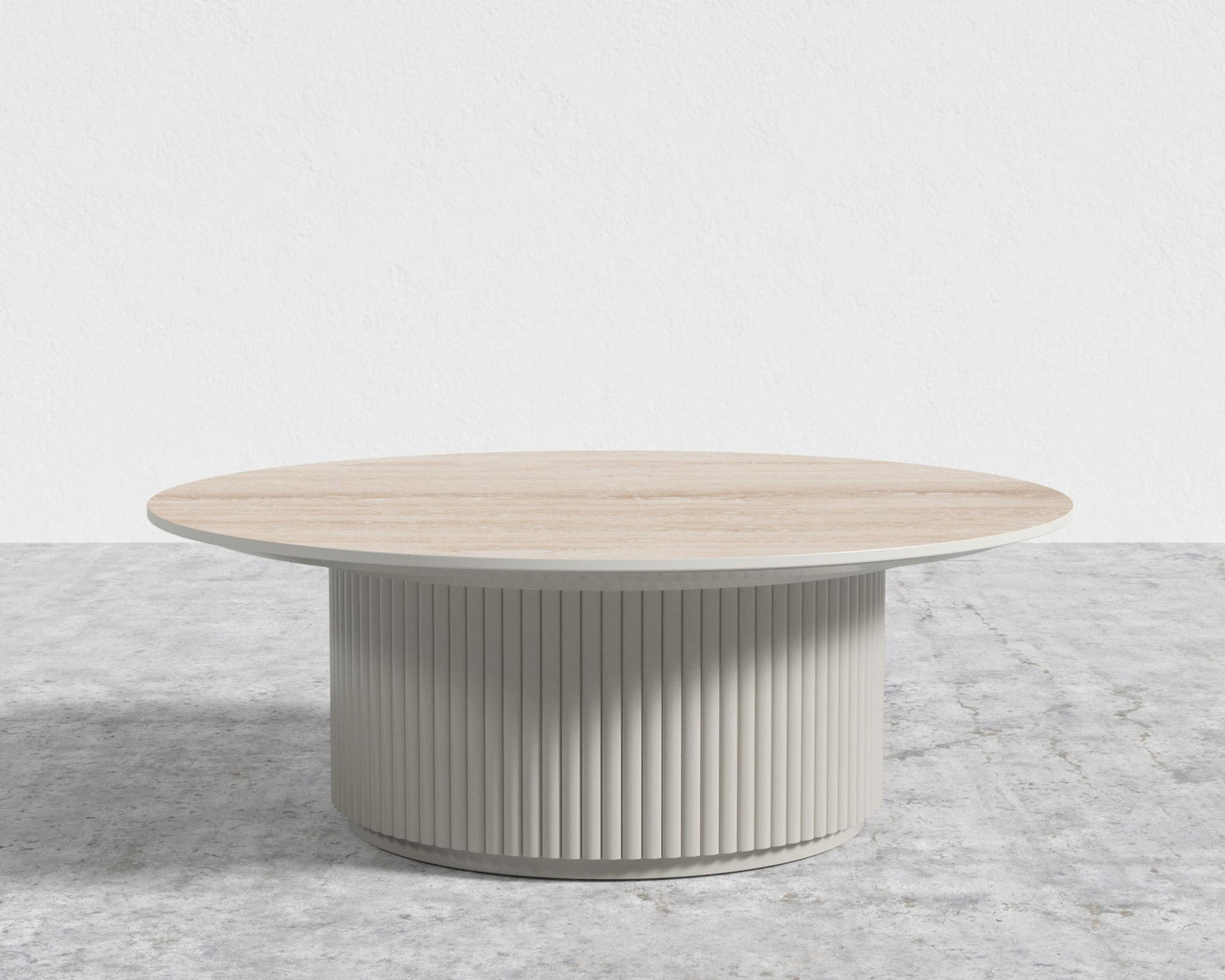 Athena Coffee Table - Alabaster Matte Lacquer, Travertine Ceramic, 39" | 99cm