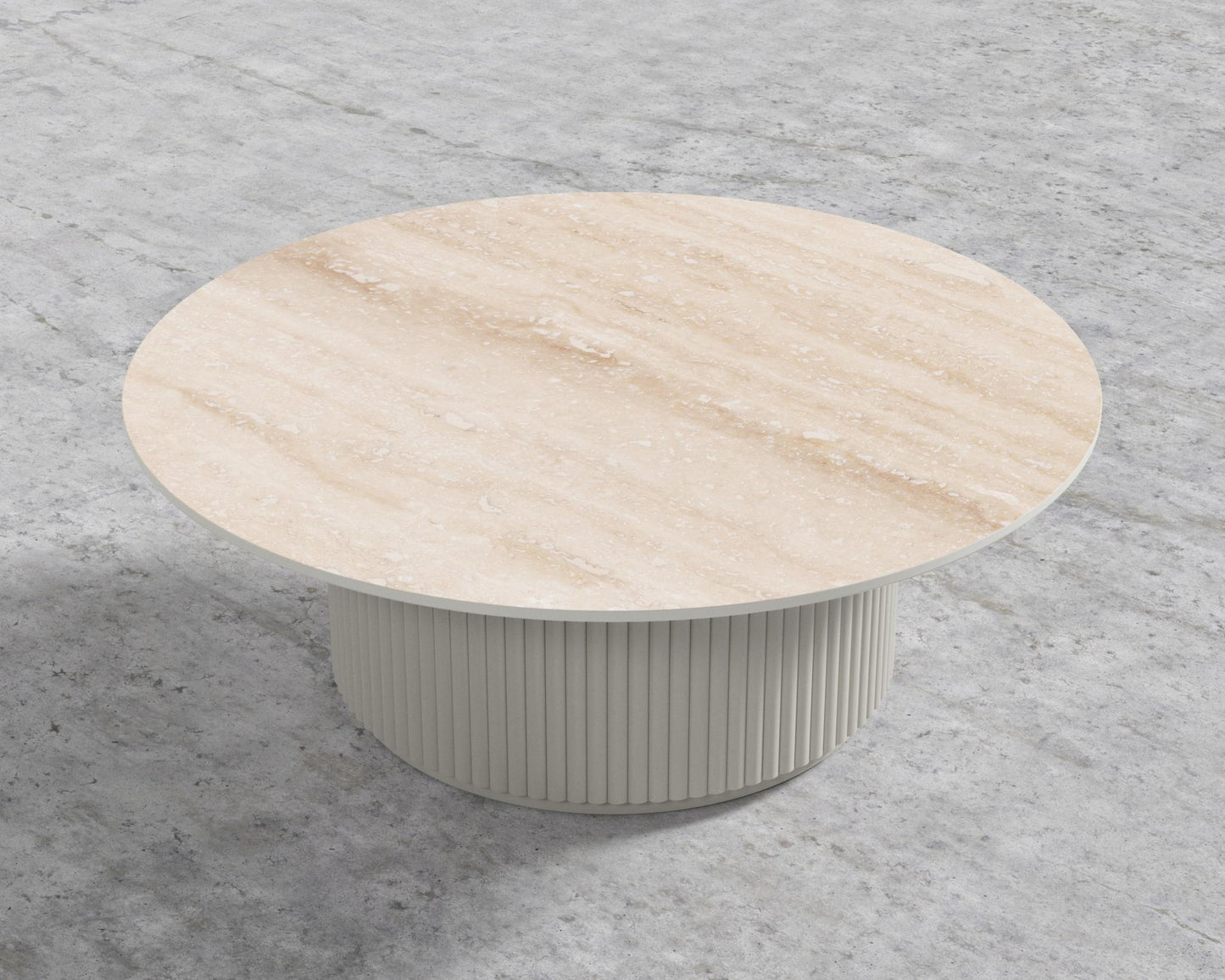 Athena Coffee Table - Alabaster Matte Lacquer, Travertine Ceramic, 39" | 99cm