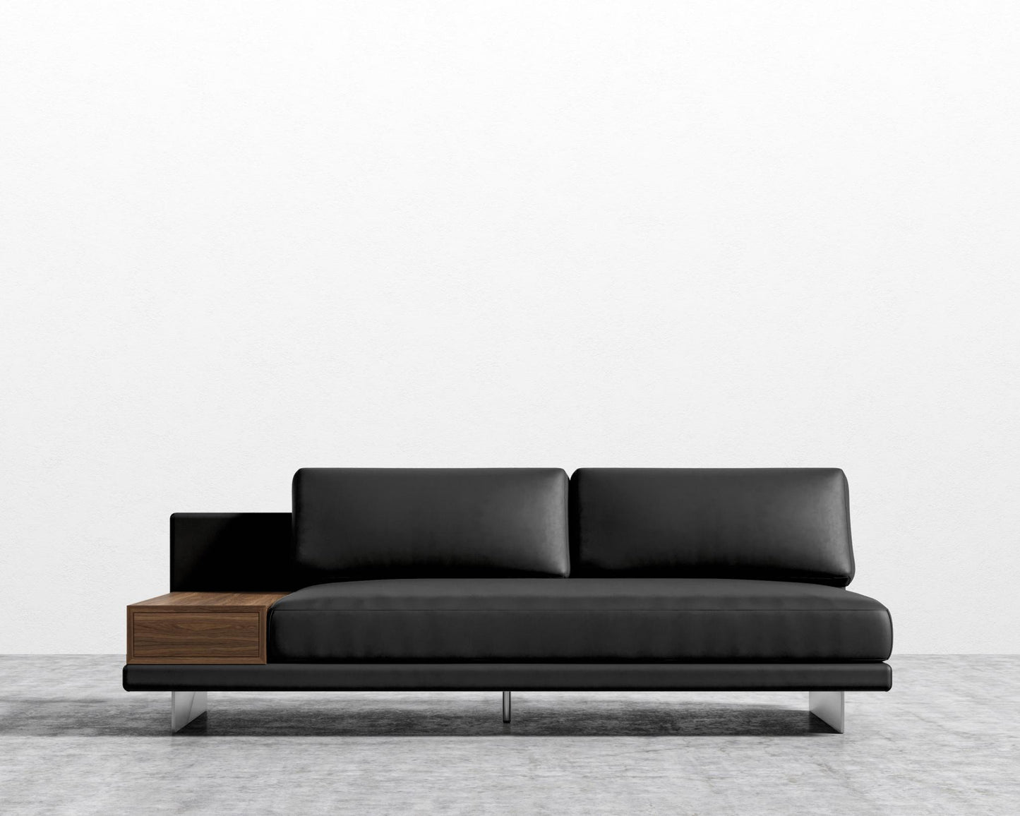 Dresden Armless Sofa with Side Table - Walnut Veneer Storage Table, Trento Microfiber Leather - Trento Jet Black, Brushed Steel - Dresden