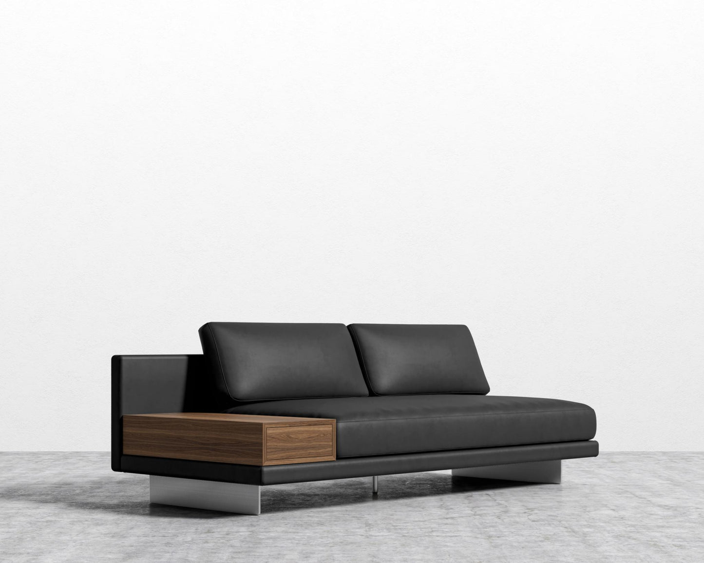 Dresden Armless Sofa with Side Table - Walnut Veneer Storage Table, Trento Microfiber Leather - Trento Jet Black, Brushed Steel - Dresden