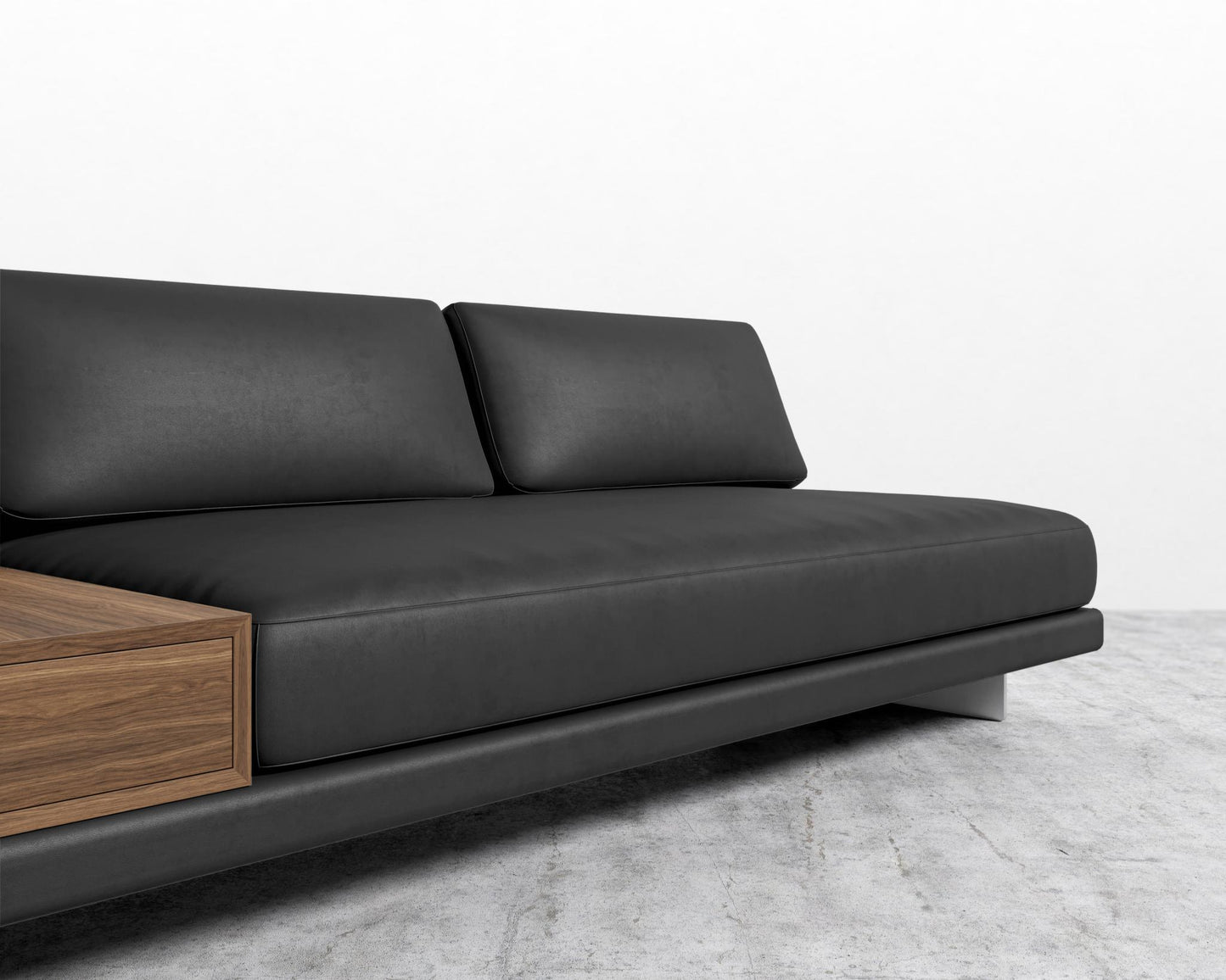 Dresden Armless Sofa with Side Table - Walnut Veneer Storage Table, Trento Microfiber Leather - Trento Jet Black, Brushed Steel - Dresden