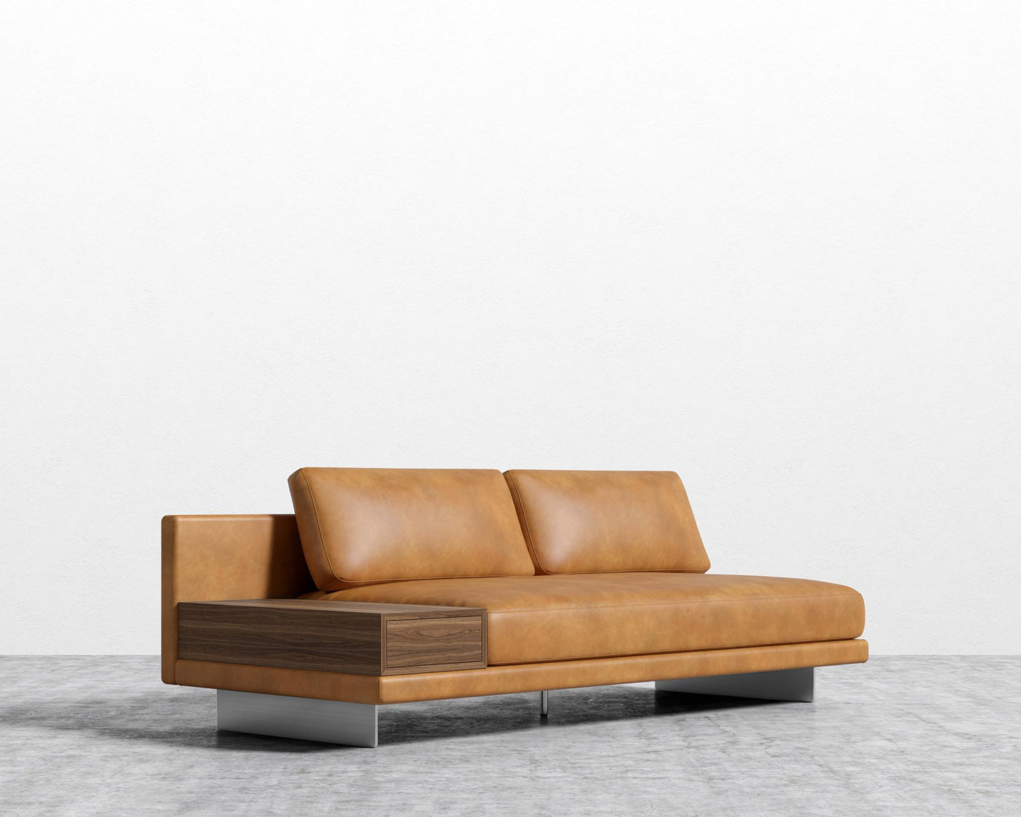 Dresden Armless Sofa with Side Table - Walnut Veneer Storage Table, Trento Microfiber Leather - Trento Morocco, Brushed Steel - Dresden