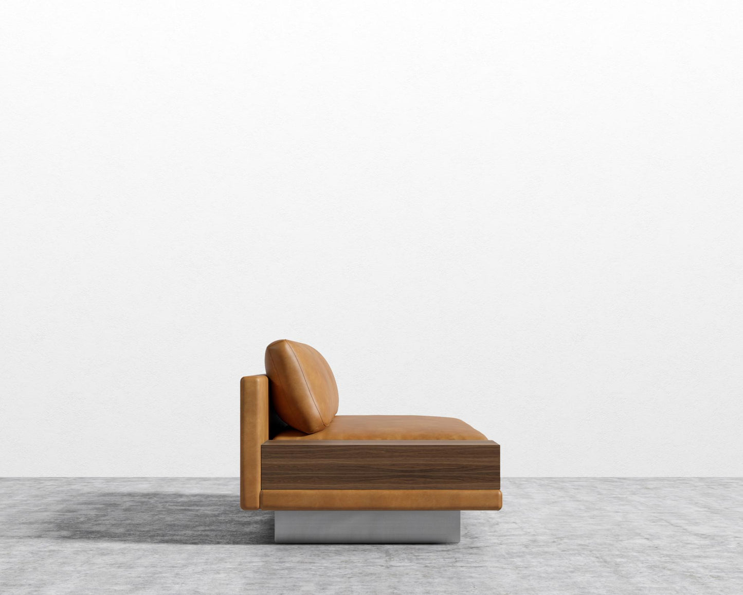 Dresden Armless Sofa with Side Table - Walnut Veneer Storage Table, Trento Microfiber Leather - Trento Morocco, Brushed Steel - Dresden