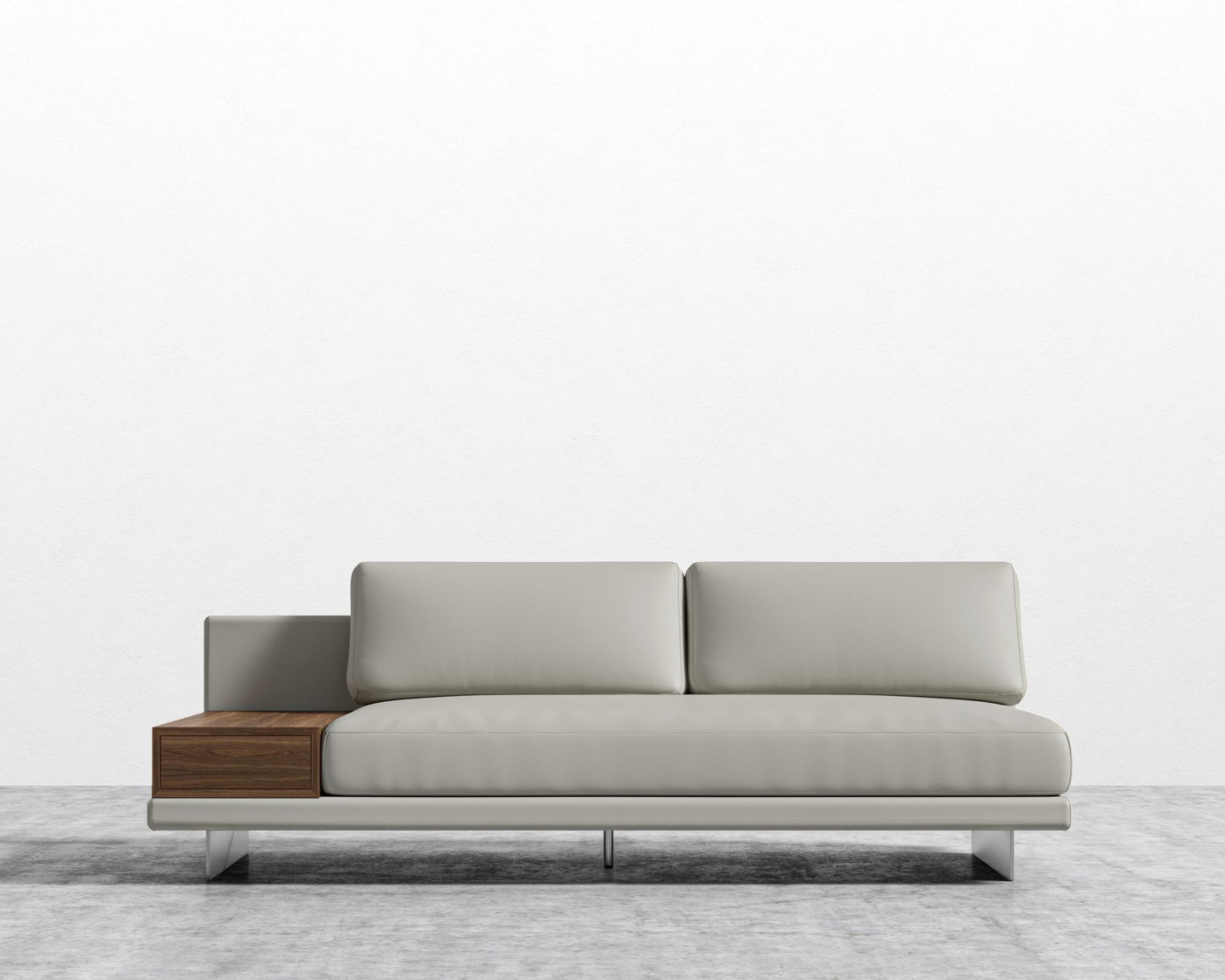 Dresden Armless Sofa with Side Table - Walnut Veneer Storage Table, Trento Microfiber Leather - Trento Taupe, Brushed Steel - Dresden