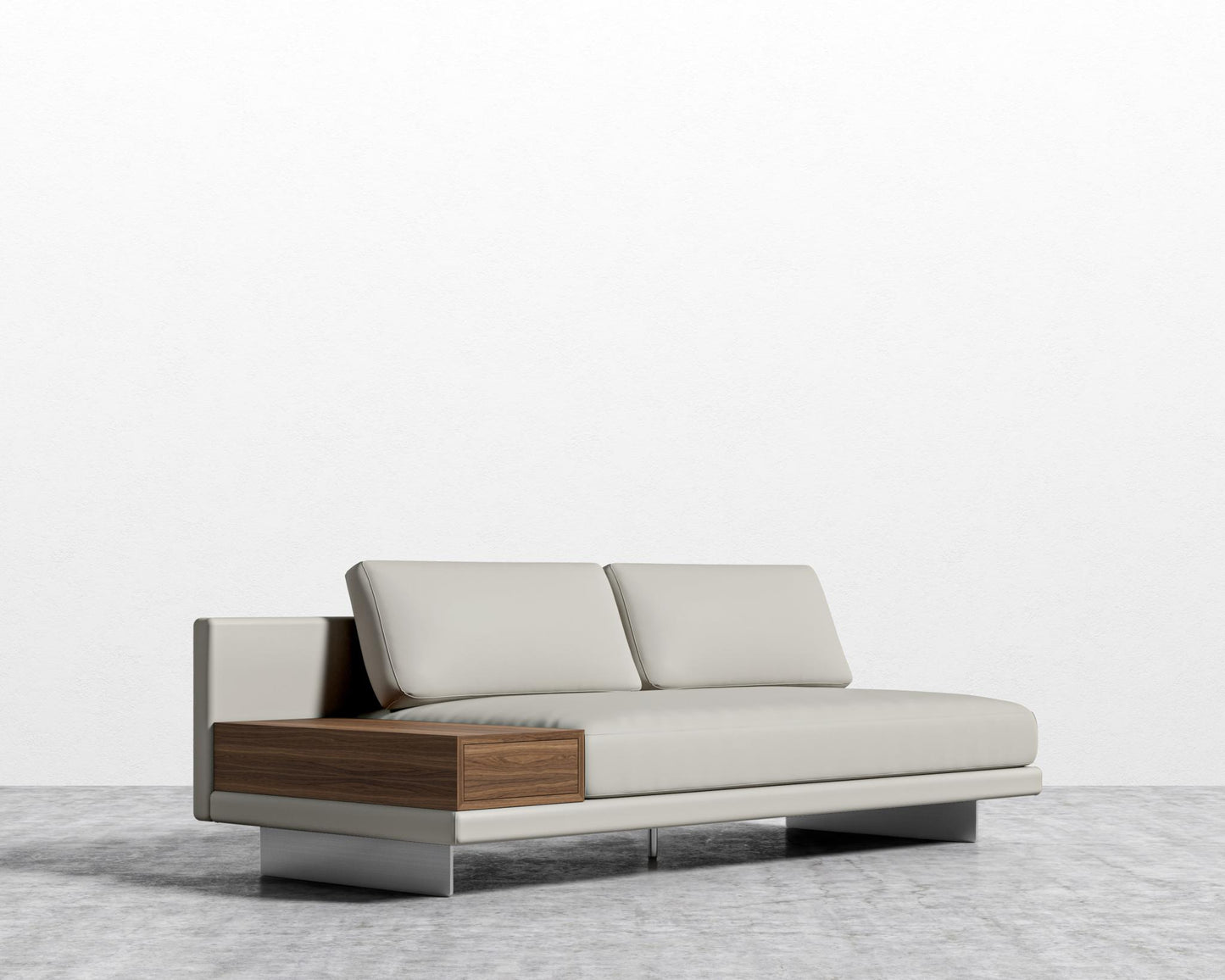 Dresden Armless Sofa with Side Table - Walnut Veneer Storage Table, Trento Microfiber Leather - Trento Taupe, Brushed Steel - Dresden