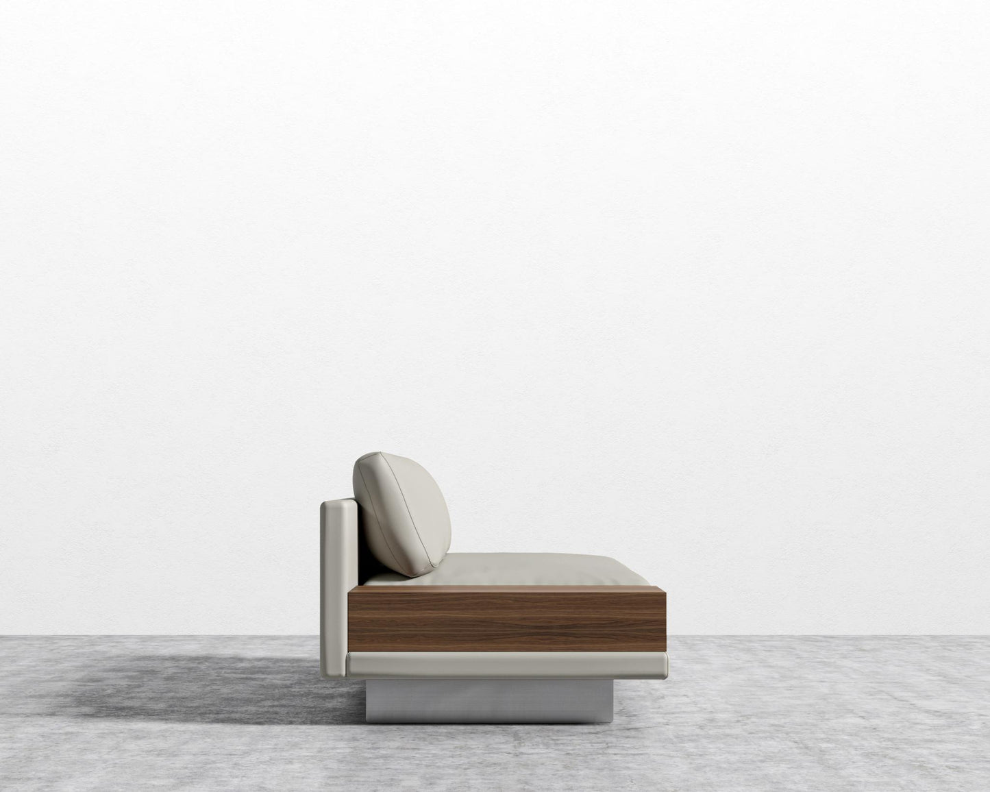 Dresden Armless Sofa with Side Table - Walnut Veneer Storage Table, Trento Microfiber Leather - Trento Taupe, Brushed Steel - Dresden