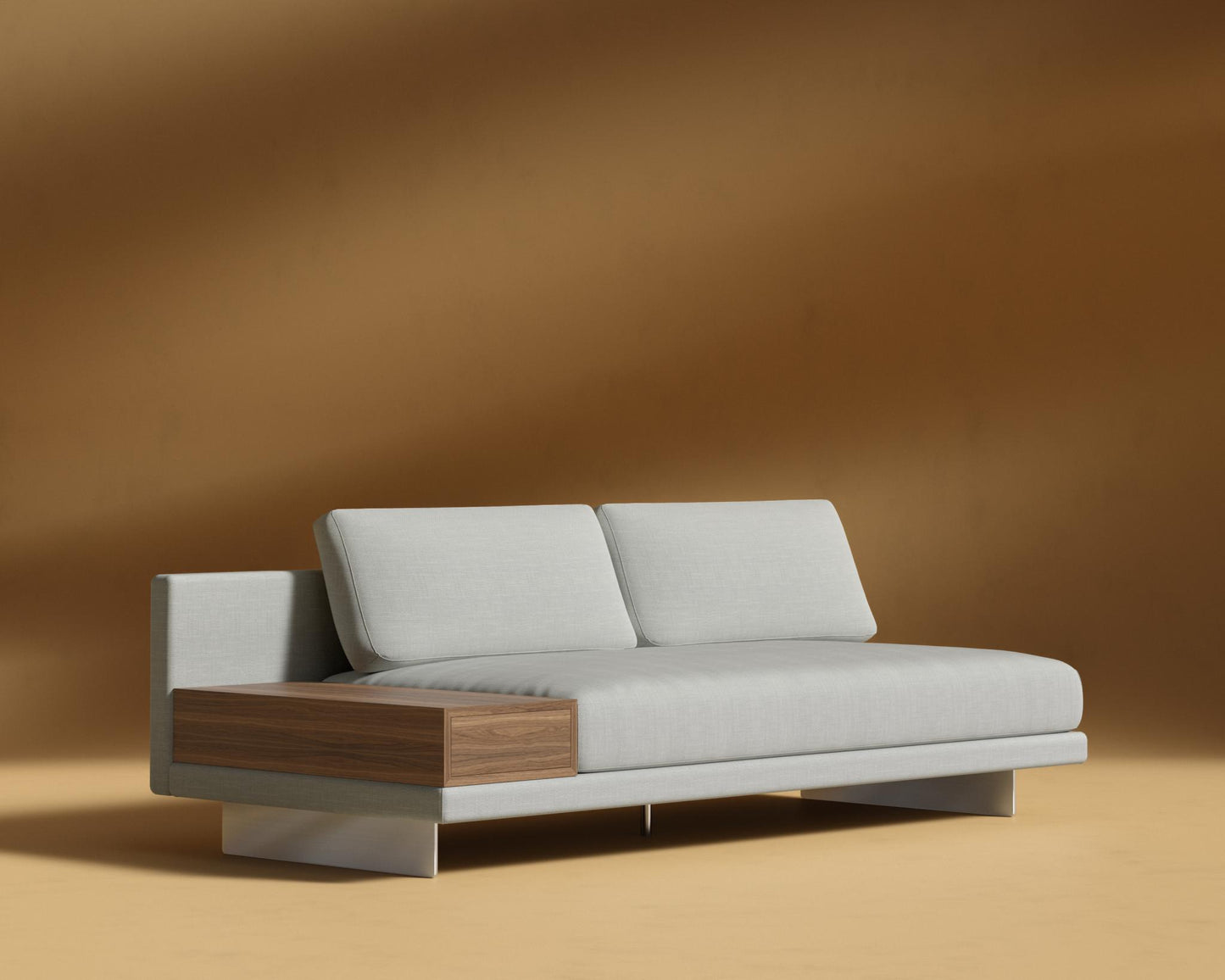 Dresden Armless Sofa with Side Table - Walnut Veneer Storage Table, Performance Linen - Dove, Brushed Steel - Dresden