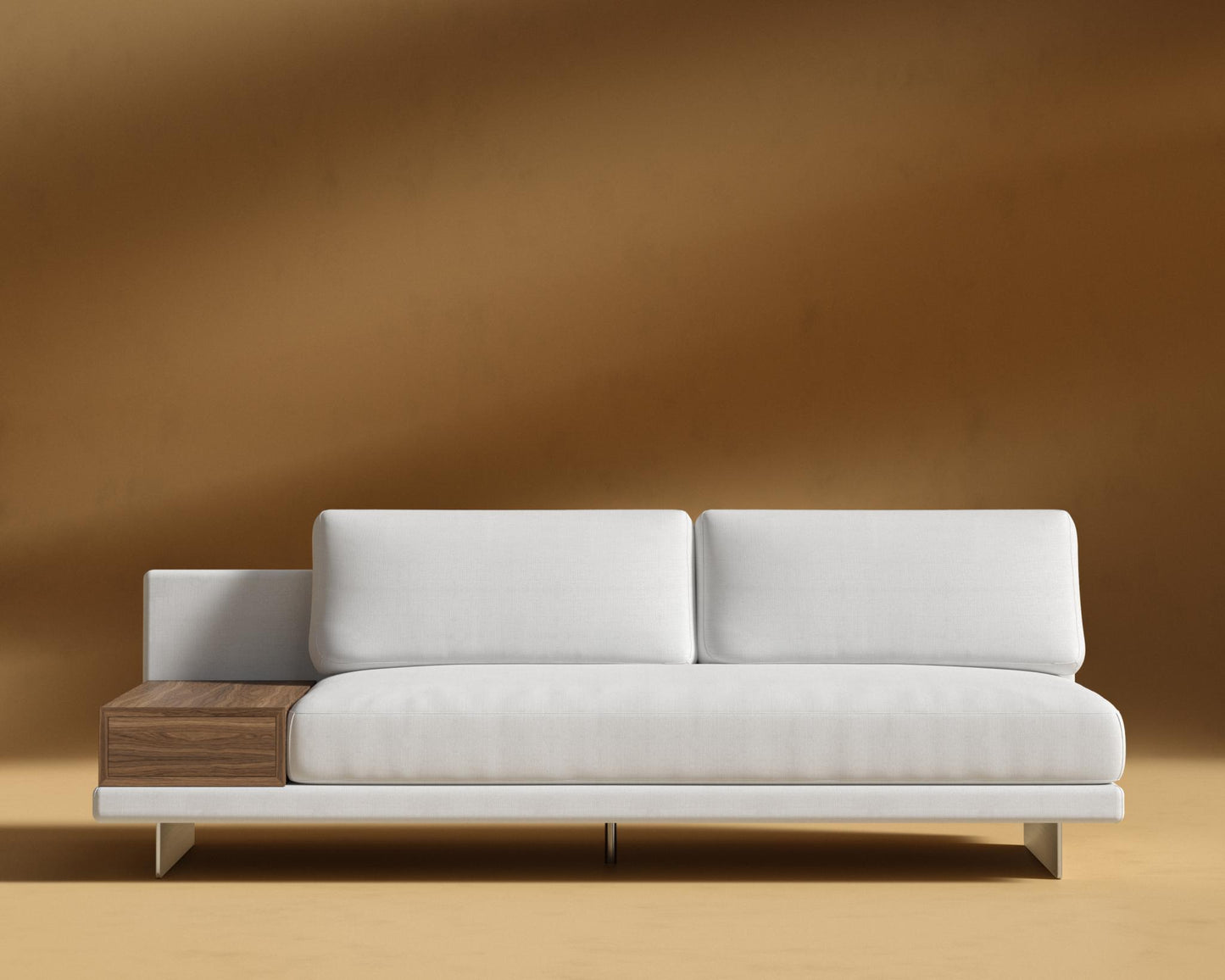 Dresden Armless Sofa with Side Table - Walnut Veneer Storage Table, Performance Linen - Swan, Brushed Steel - Dresden