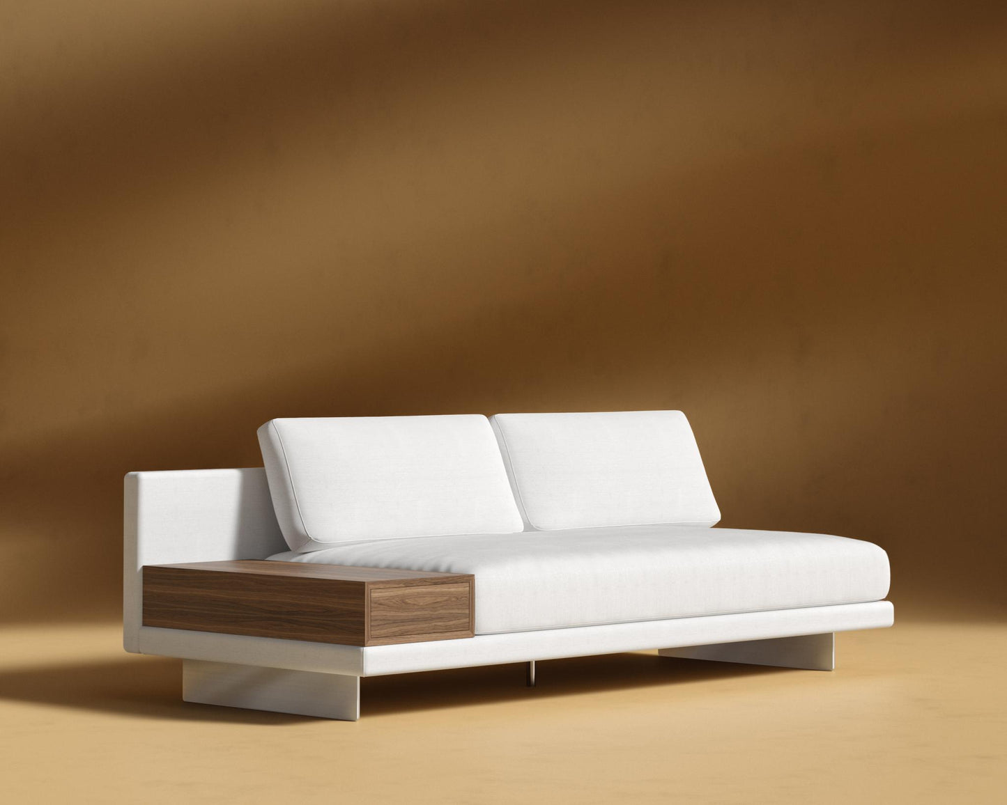 Dresden Armless Sofa with Side Table - Walnut Veneer Storage Table, Performance Linen - Swan, Brushed Steel - Dresden