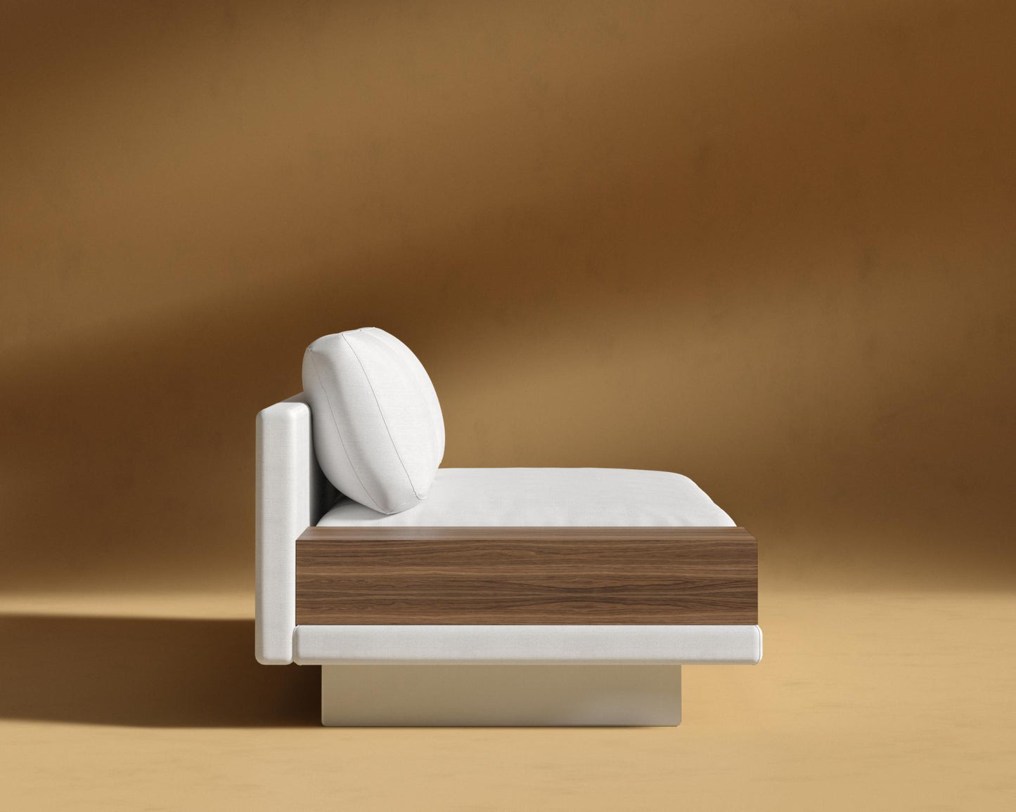 Dresden Armless Sofa with Side Table - Walnut Veneer Storage Table, Performance Linen - Swan, Brushed Steel - Dresden