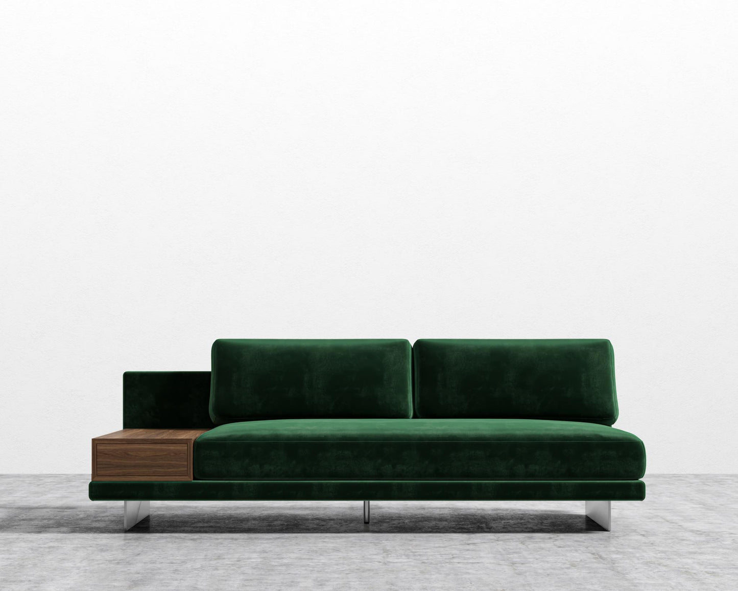 Dresden Armless Sofa with Side Table - Walnut Veneer Storage Table, Plush Velvet - Moss, Brushed Steel - Dresden