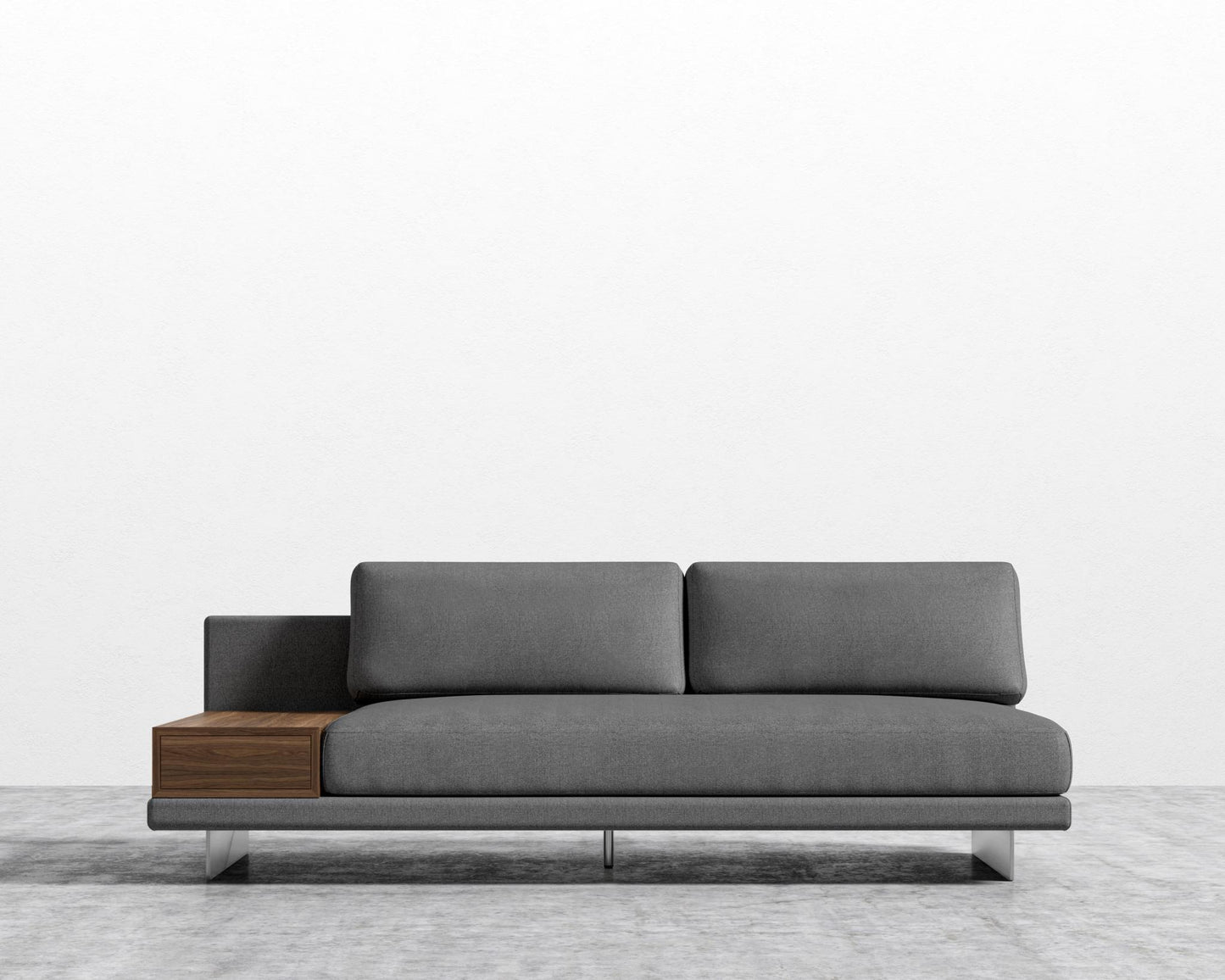 Dresden Armless Sofa with Side Table - Walnut Veneer Storage Table, Plush Weave - Fin, Brushed Steel - Dresden