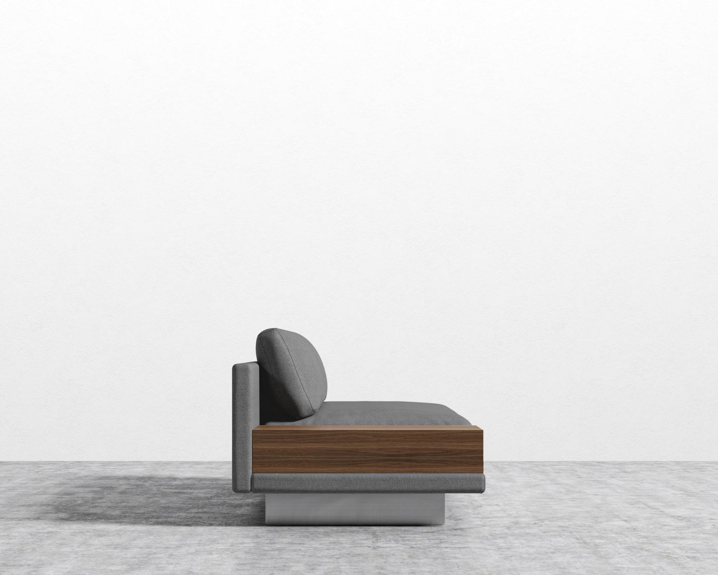 Dresden Armless Sofa with Side Table - Walnut Veneer Storage Table, Plush Weave - Fin, Brushed Steel - Dresden