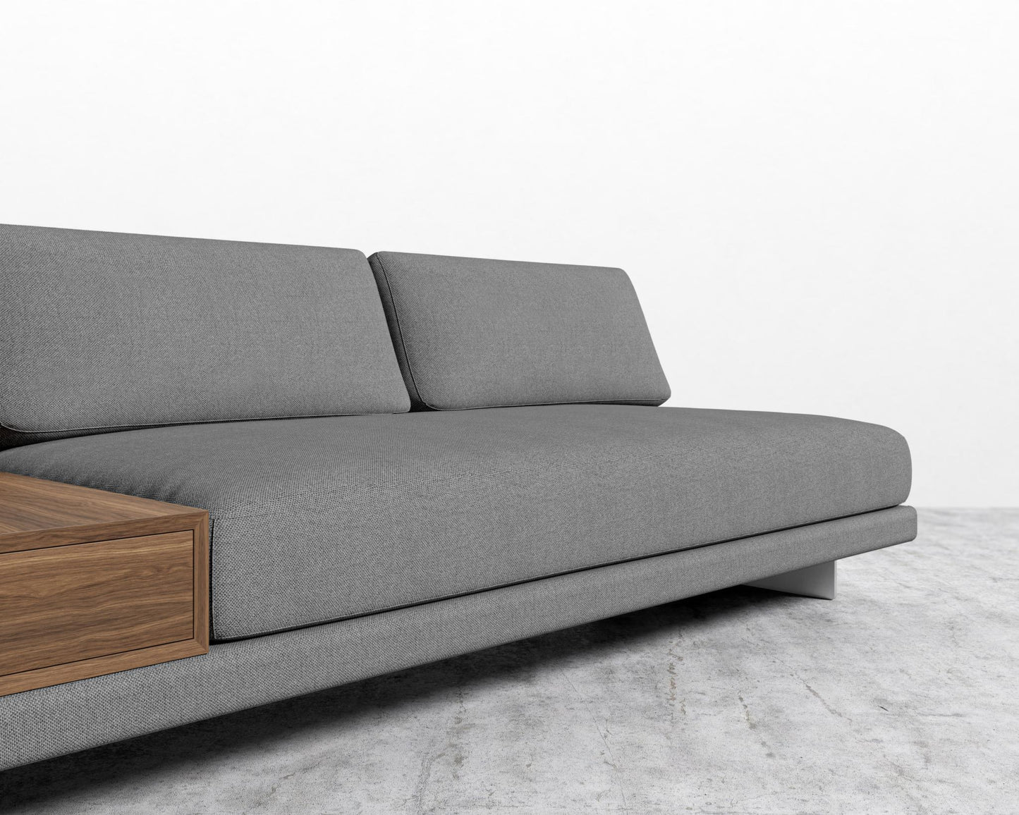 Dresden Armless Sofa with Side Table - Walnut Veneer Storage Table, Plush Weave - Fin, Brushed Steel - Dresden