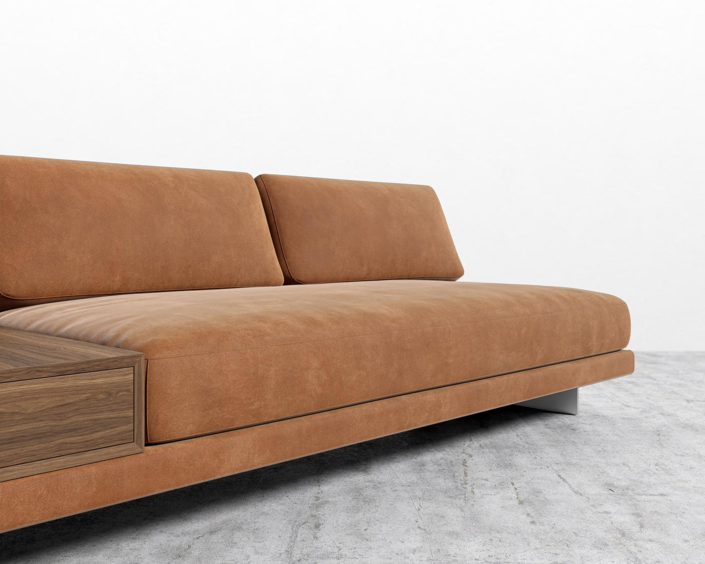 Dresden Armless Sofa with Side Table - Walnut Veneer Storage Table, Venice Vegan Suede - Cider, Brushed Steel - Dresden