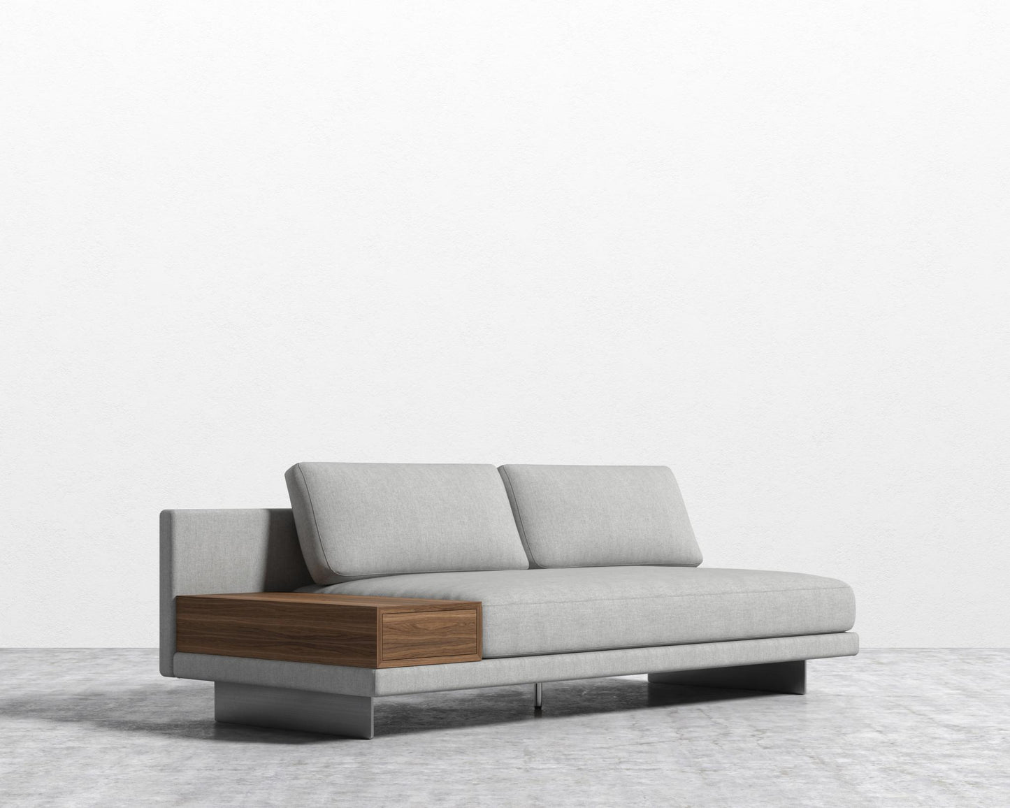 Dresden Armless Sofa with Side Table - Walnut Veneer Storage Table, Modern Felt - Malmo, Brushed Steel - Dresden