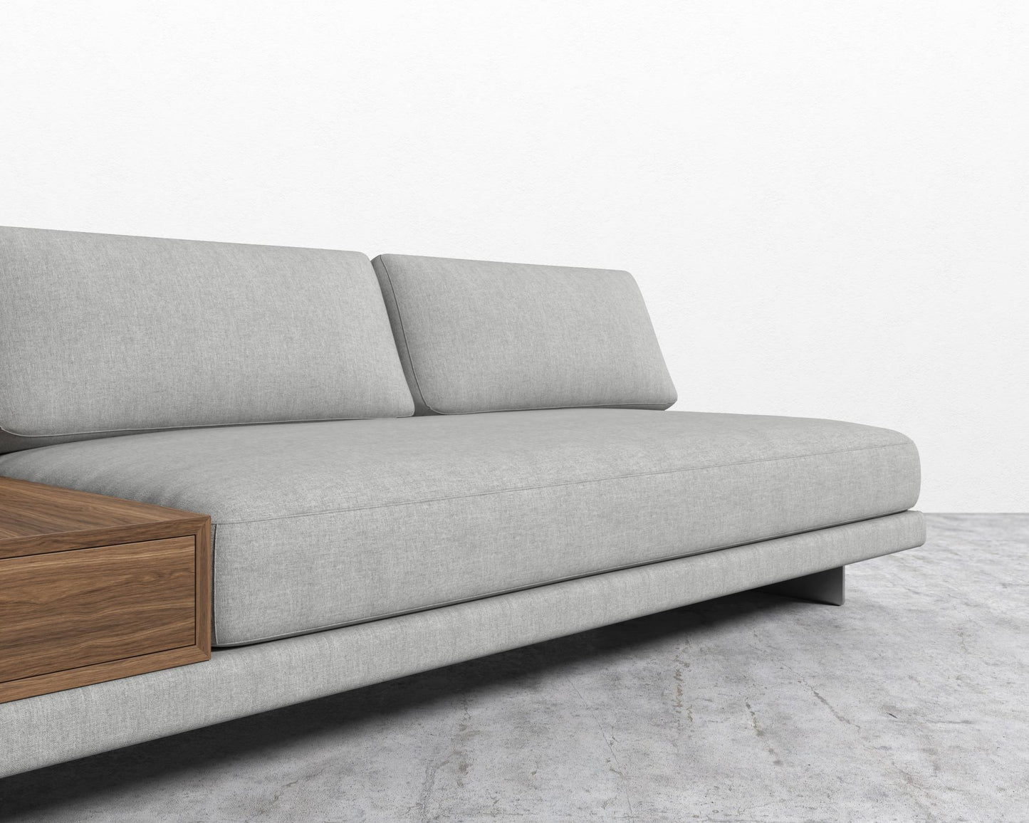 Dresden Armless Sofa with Side Table - Walnut Veneer Storage Table, Modern Felt - Malmo, Brushed Steel - Dresden