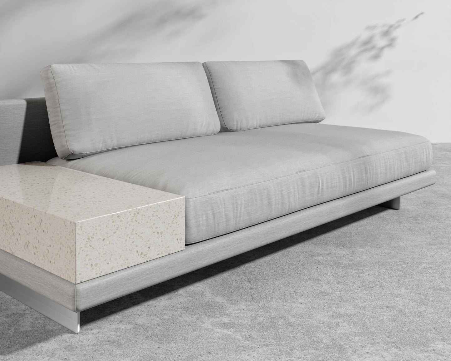 Dresden Outdoor Armless Sofa with Side Table - Black Pietra Ceramic Table, Brushed Steel - Dresden Outdoor, Outdoor Fabric - Encino