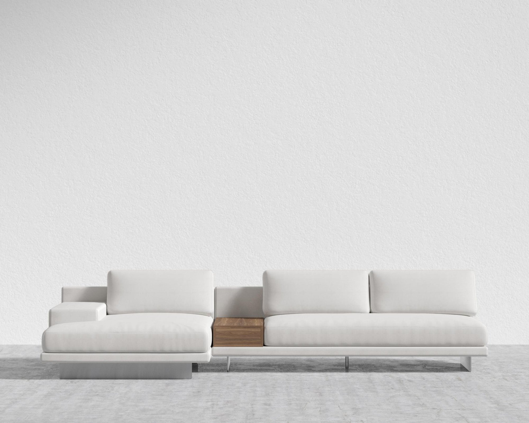 Dresden Sectional Sofa - Walnut Veneer Storage Table, Left-Hand-Facing, Performance Linen - Swan, Brushed Steel - Dresden