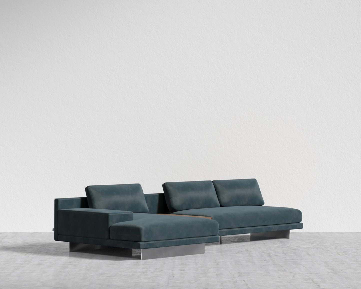 Dresden Sectional Sofa - Walnut Veneer Storage Table, Plush Velvet - Prussian, Left-Hand-Facing, Brushed Steel - Dresden