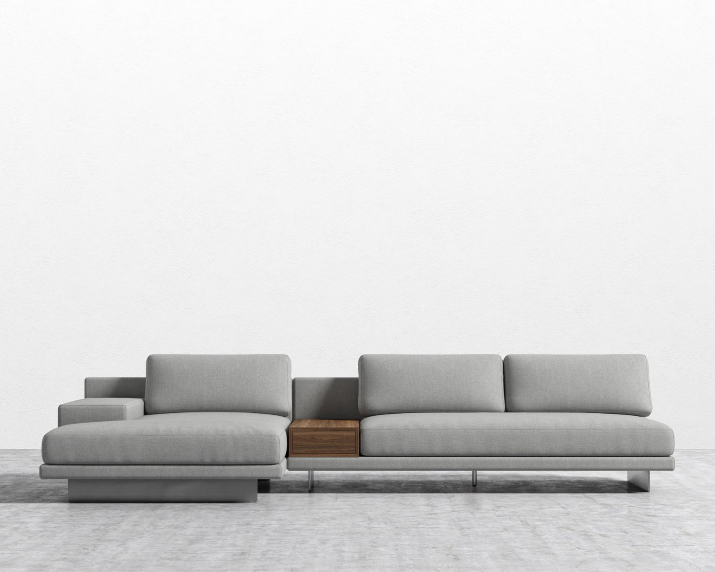 Dresden Sectional Sofa - Walnut Veneer Storage Table, Left-Hand-Facing, Modern Felt - Malmo, Brushed Steel - Dresden