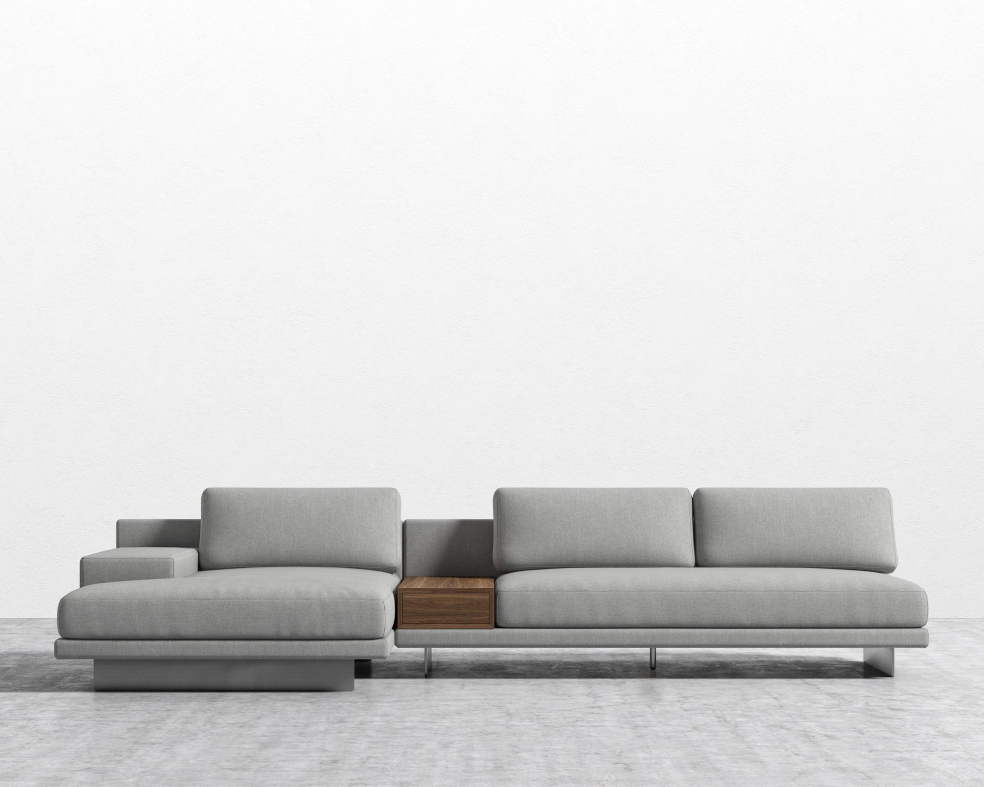 Dresden Sectional Sofa - Walnut Veneer Storage Table, Left-Hand-Facing, Modern Felt - Malmo, Brushed Steel - Dresden