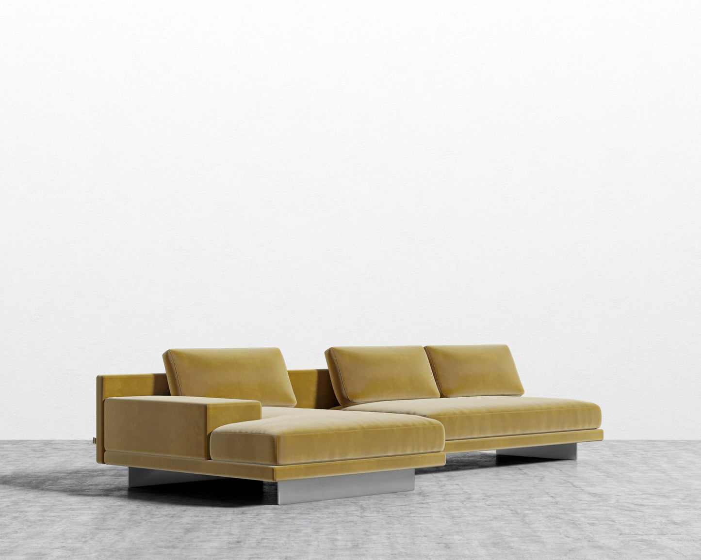 Dresden Sectional Sofa - Walnut Veneer Storage Table, Left-Hand-Facing, Plush Velvet - Golden Beryl, Brushed Steel - Dresden