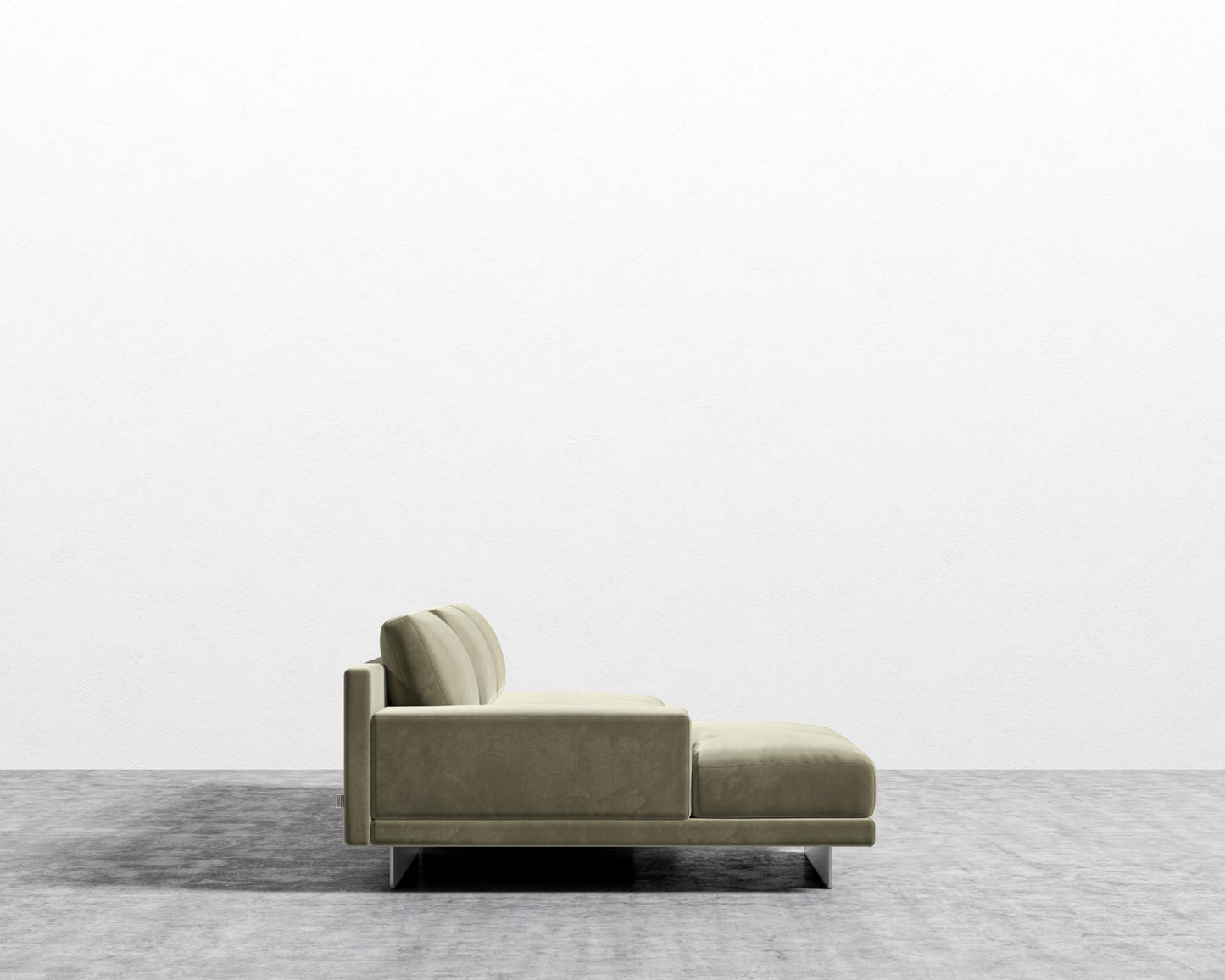 Dresden Sectional Sofa - Signature Plush Velvet - Olive Green, Walnut Veneer Storage Table, Left-Hand-Facing, Brushed Steel - Dresden