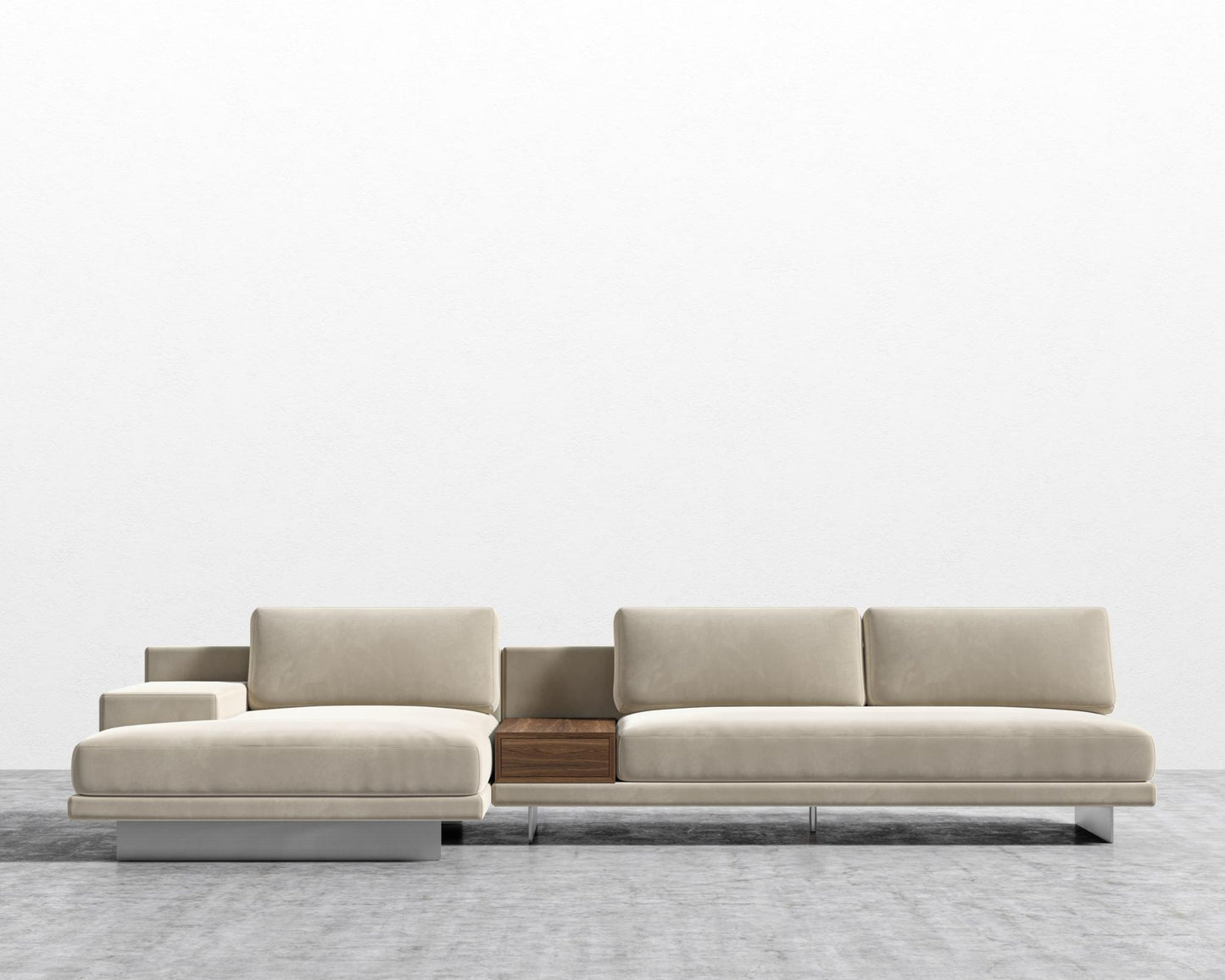 Dresden Sectional Sofa - Walnut Veneer Storage Table, Signature Plush Velvet - Warm Taupe, Left-Hand-Facing, Brushed Steel - Dresden