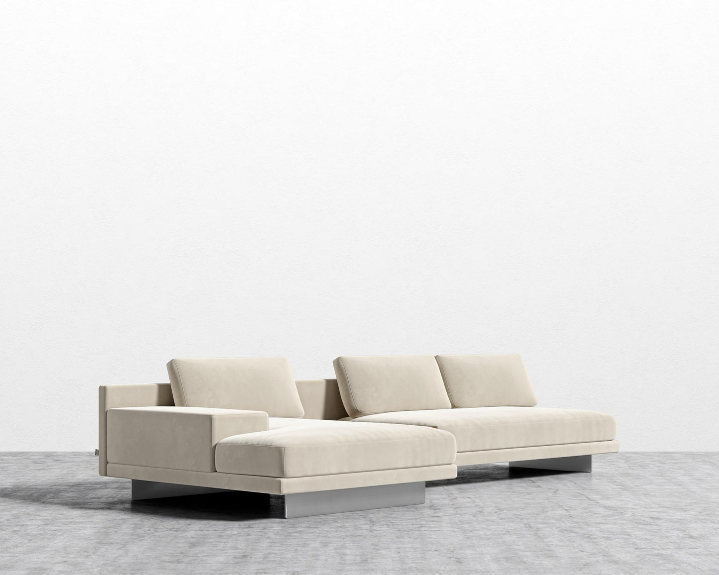 Dresden Sectional Sofa - Walnut Veneer Storage Table, Signature Plush Velvet - Warm Taupe, Left-Hand-Facing, Brushed Steel - Dresden