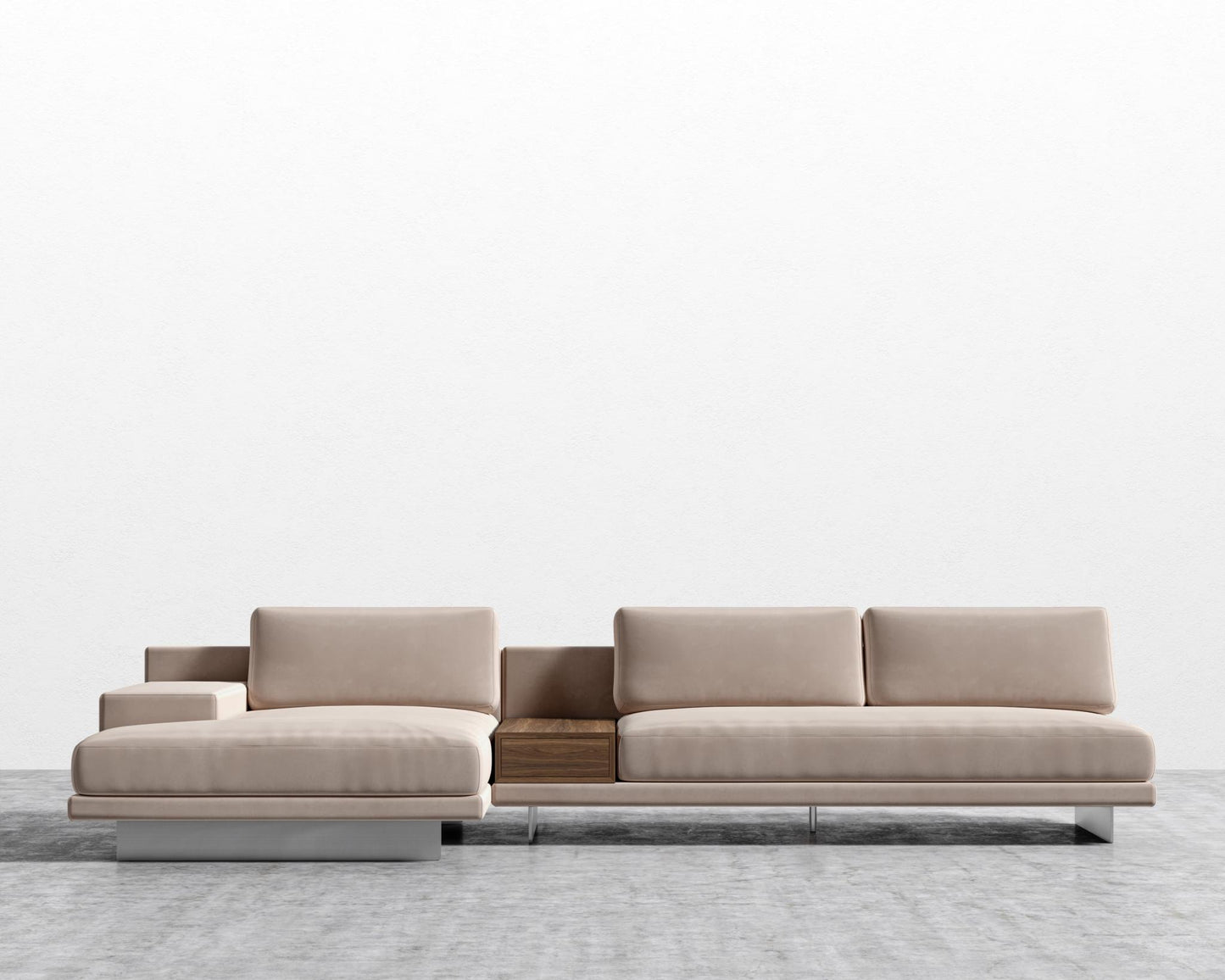 Dresden Sectional Sofa - Walnut Veneer Storage Table, Left-Hand-Facing, Plush Velvet - Blush, Brushed Steel - Dresden