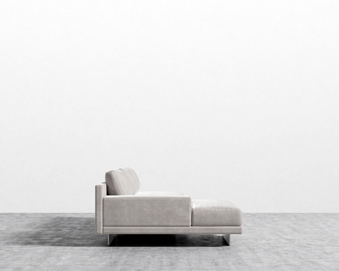 Dresden Sectional Sofa - Walnut Veneer Storage Table, Venice Vegan Suede - Chiffon, Left-Hand-Facing, Brushed Steel - Dresden