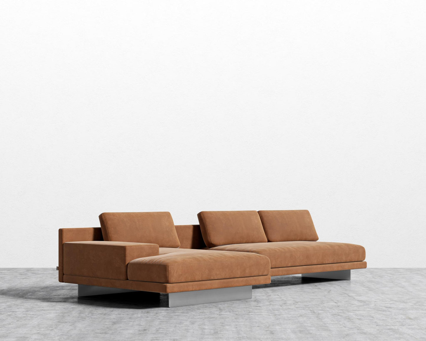 Dresden Sectional Sofa - Walnut Veneer Storage Table, Venice Vegan Suede - Cider, Left-Hand-Facing, Brushed Steel - Dresden