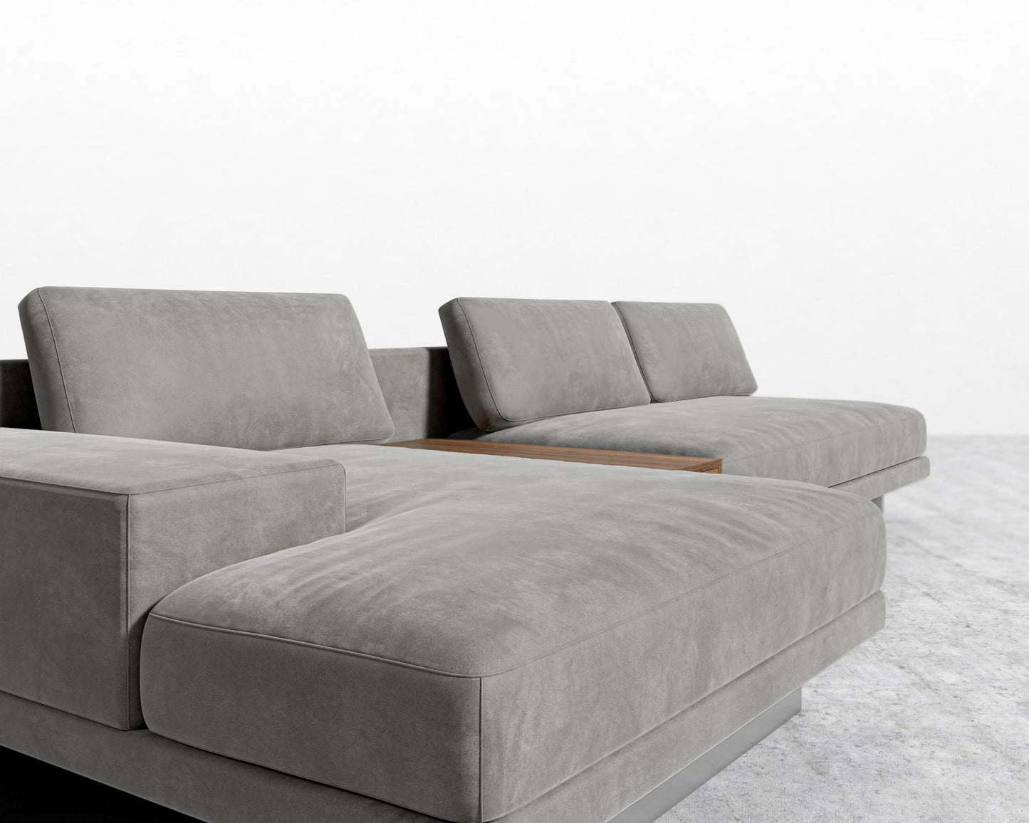 Dresden Sectional Sofa - Walnut Veneer Storage Table, Venice Vegan Suede - Strato, Left-Hand-Facing, Brushed Steel - Dresden