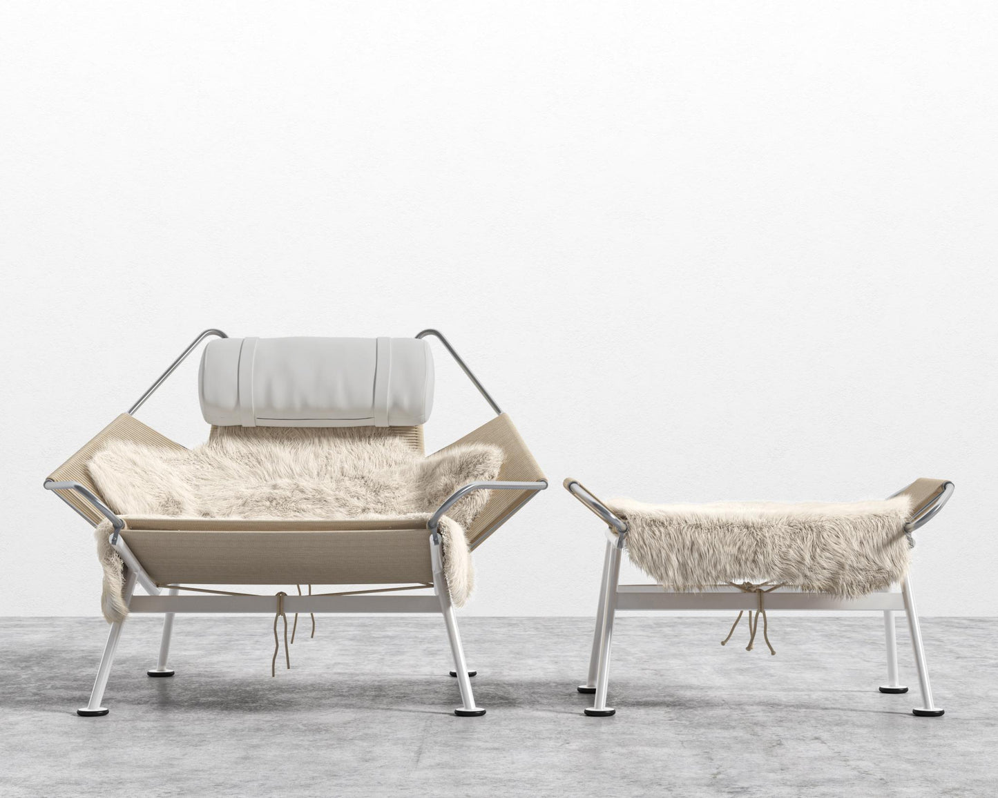 Flag Halyard Chair and Ottoman - White, Microfiber Leather - Trento Eggshell