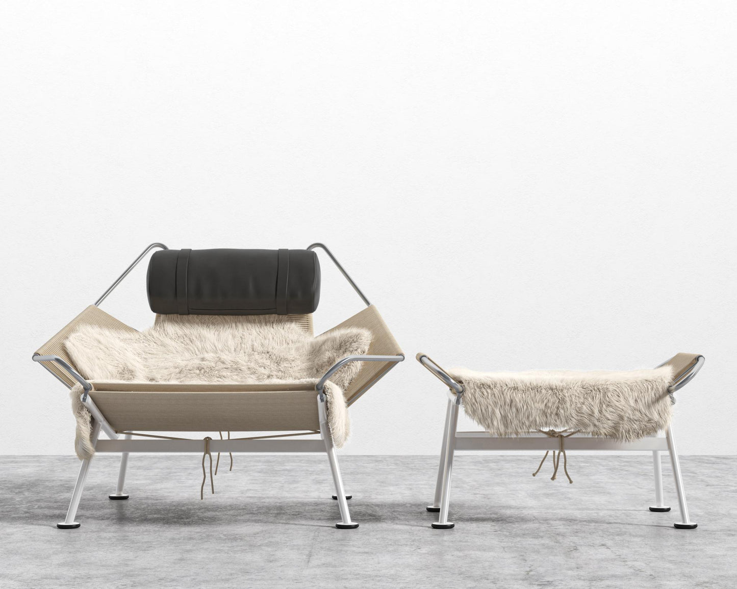 Flag Halyard Chair and Ottoman - White, Microfiber Leather - Trento Jet Black