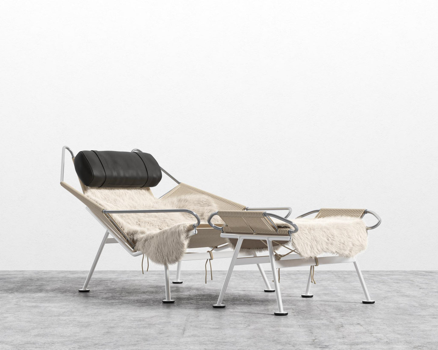 Flag Halyard Chair and Ottoman - White, Microfiber Leather - Trento Jet Black