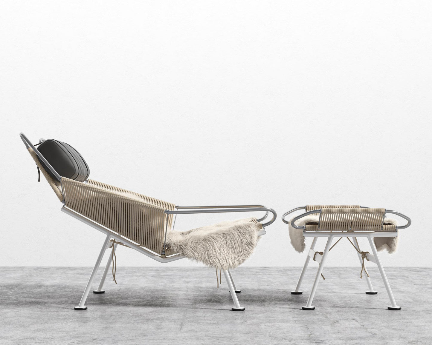 Flag Halyard Chair and Ottoman - White, Microfiber Leather - Trento Jet Black