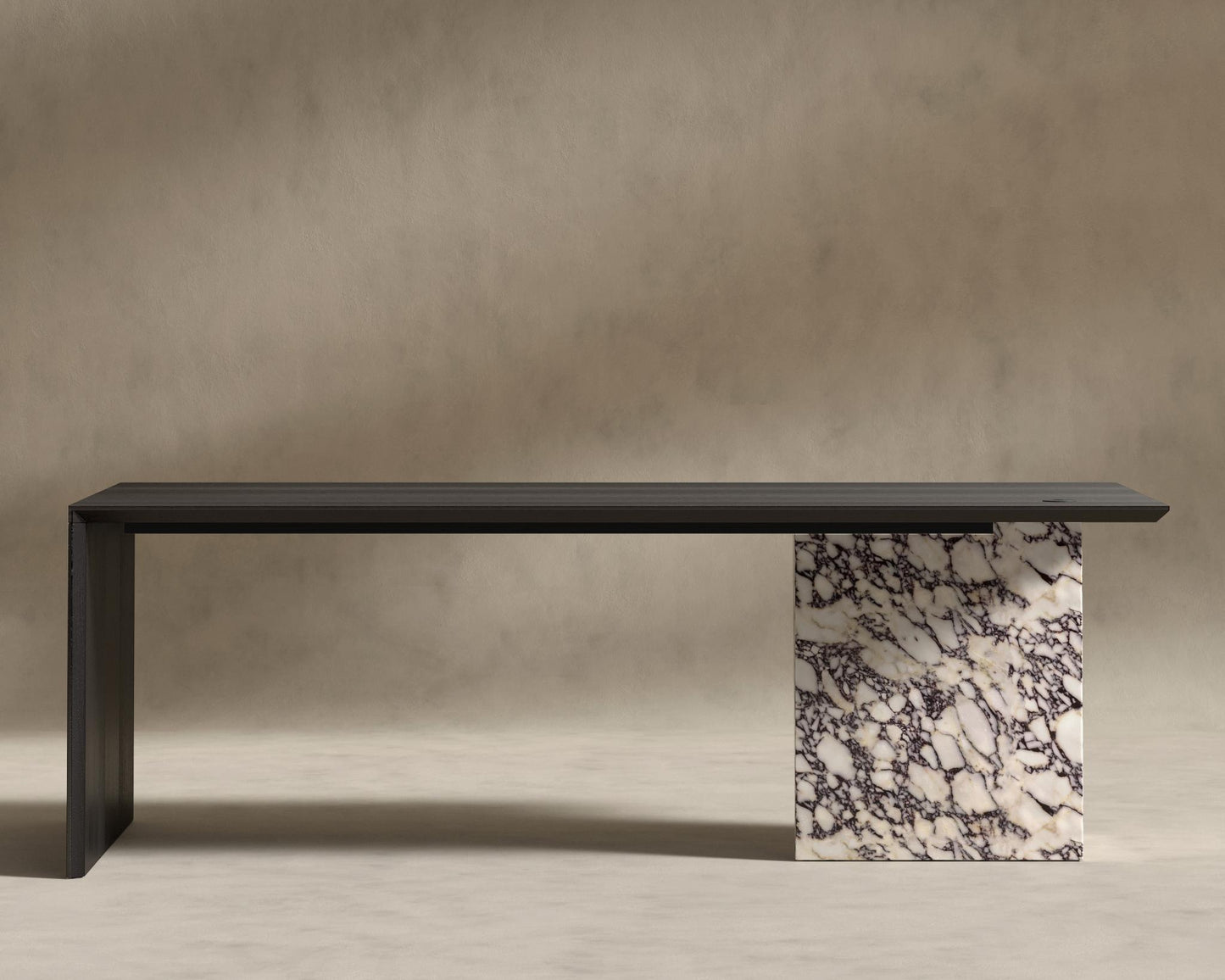 Gia Desk (Black Label) - 88" x 43", Viola Marble, Black Oak Veneer