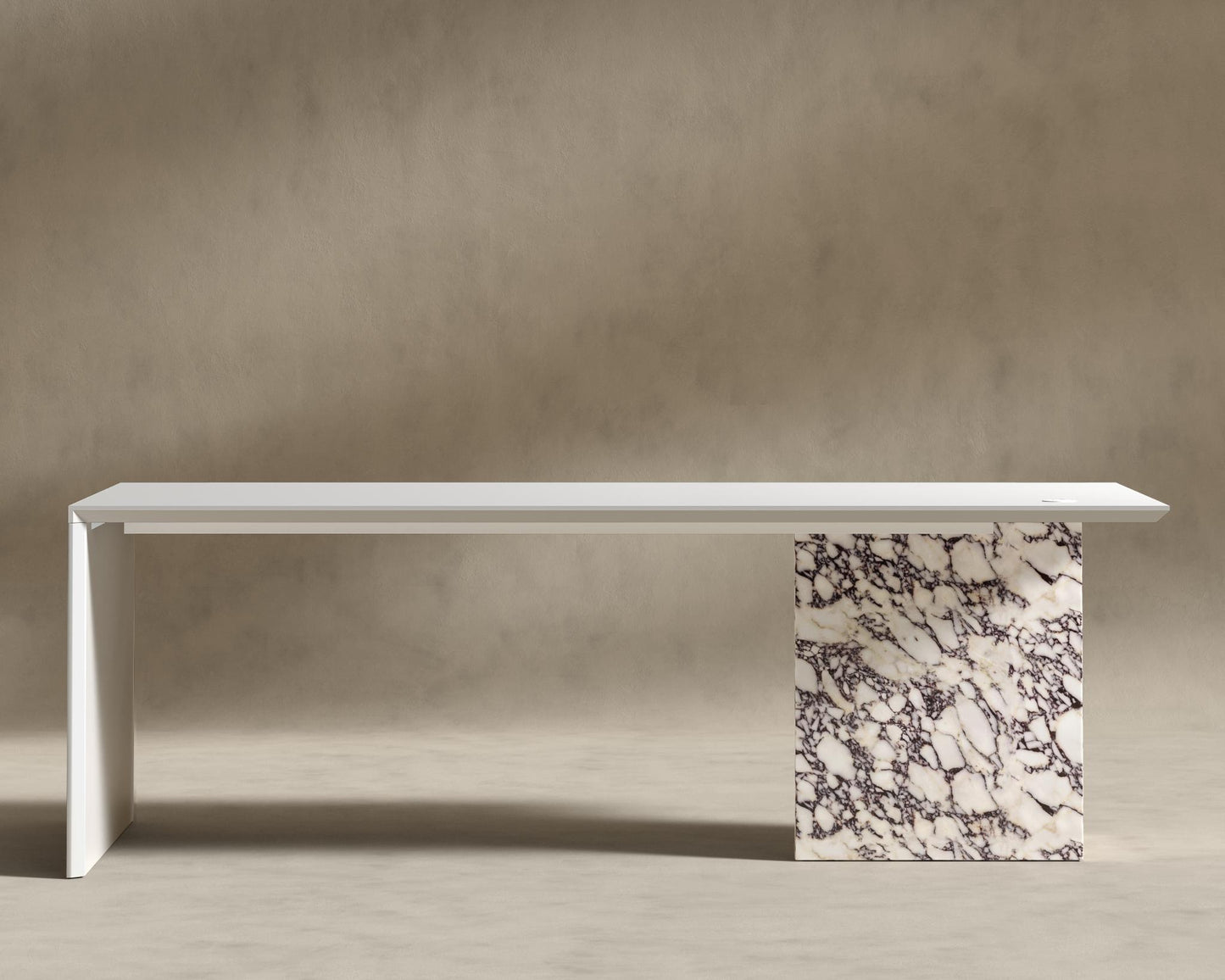 Gia Desk (Black Label) - 88" x 43", Viola Marble, Glossy White Lacquer
