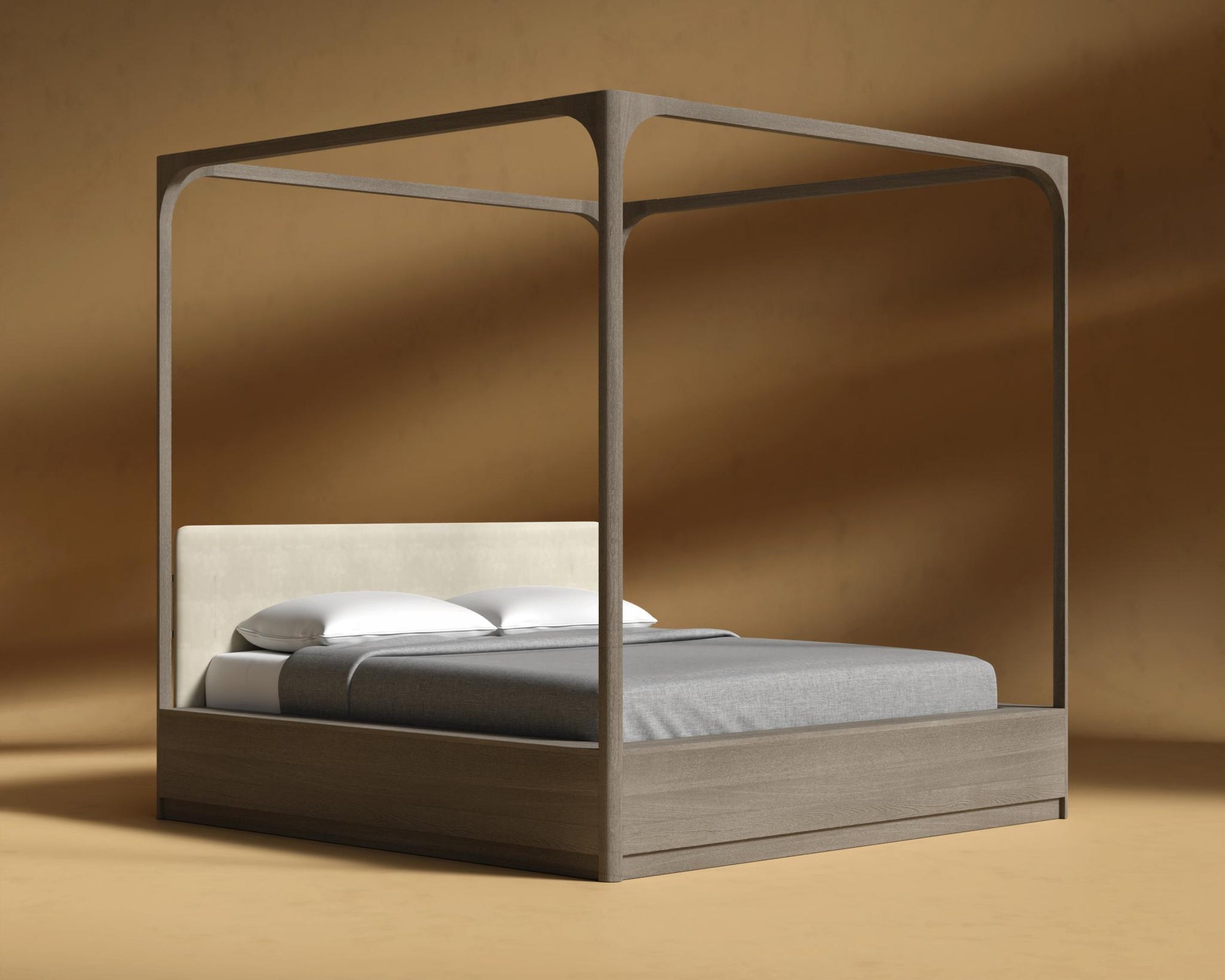Nerva Canopy Bed - Queen, Grey Oak Veneer, Plush Velvet - Oat
