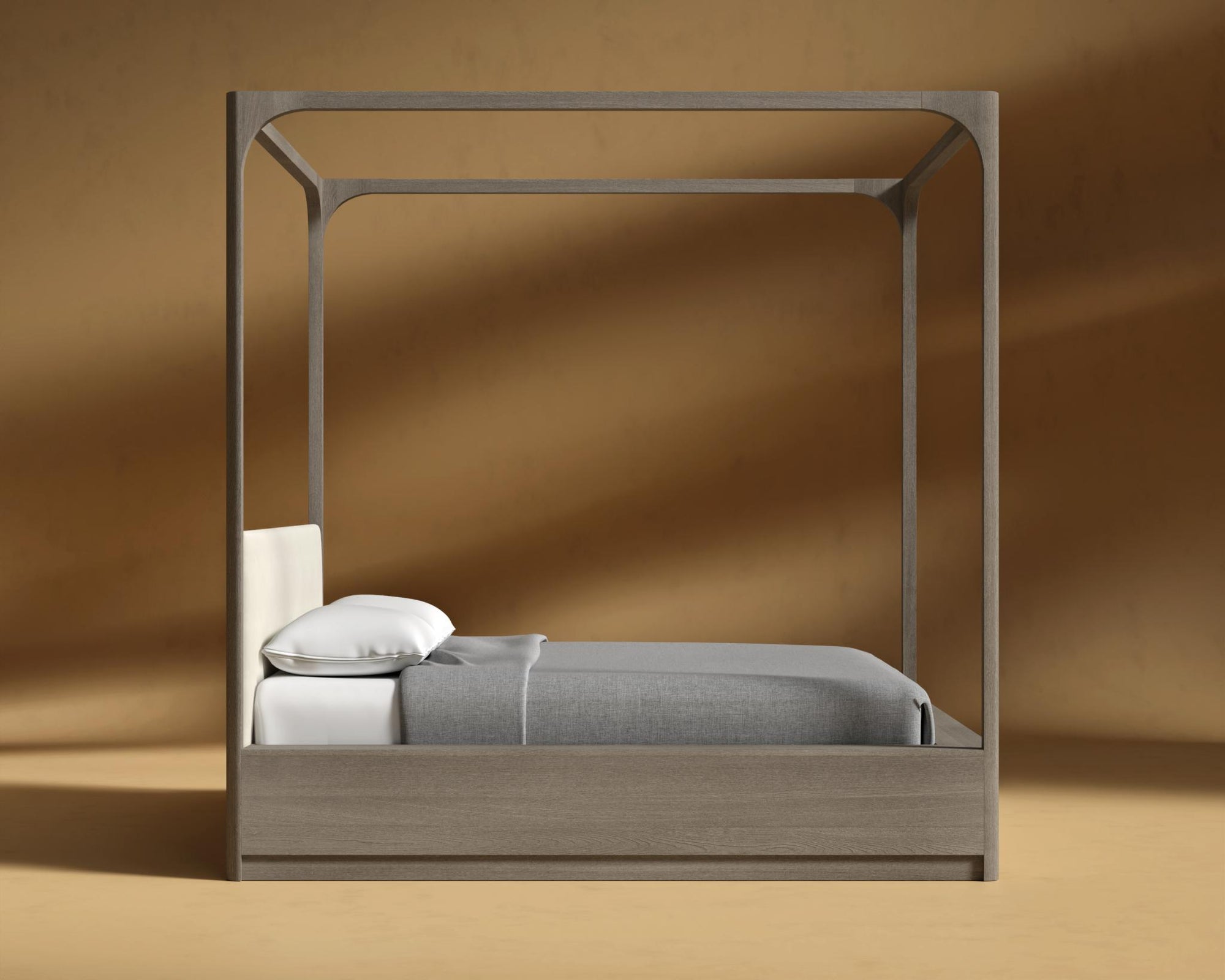 Nerva Canopy Bed - Queen, Grey Oak Veneer, Plush Velvet - Oat