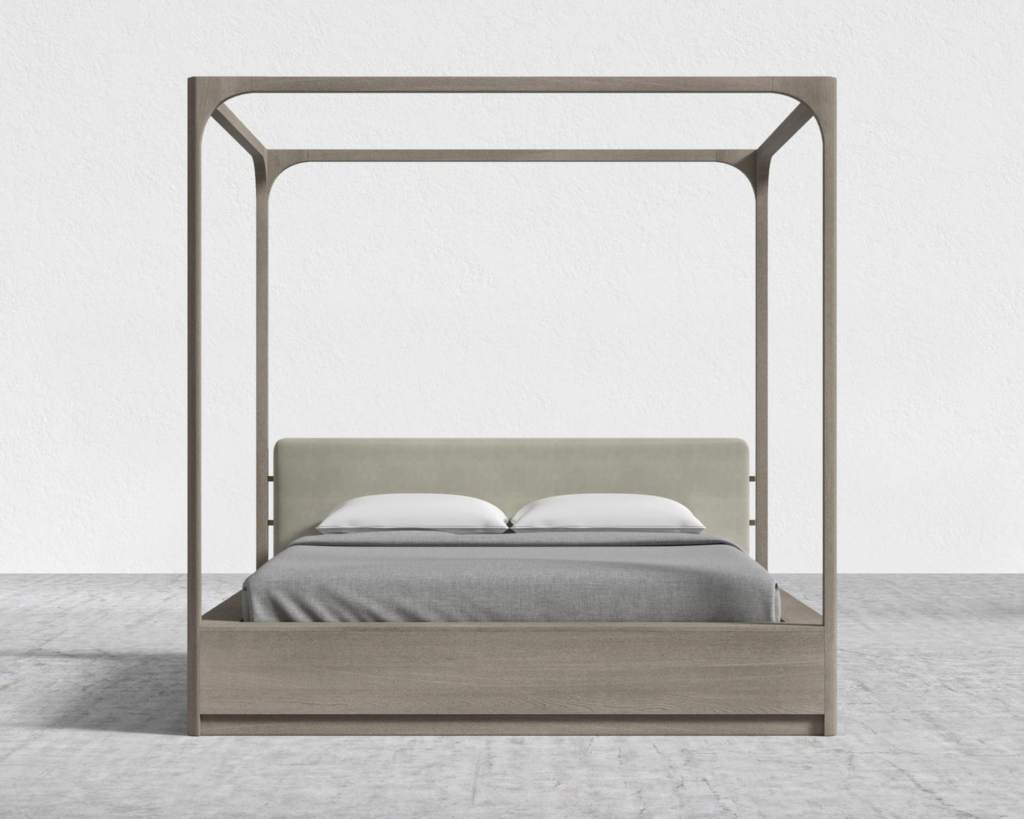 Nerva Canopy Bed - Queen, Grey Oak Veneer, Plush Velvet - Oat