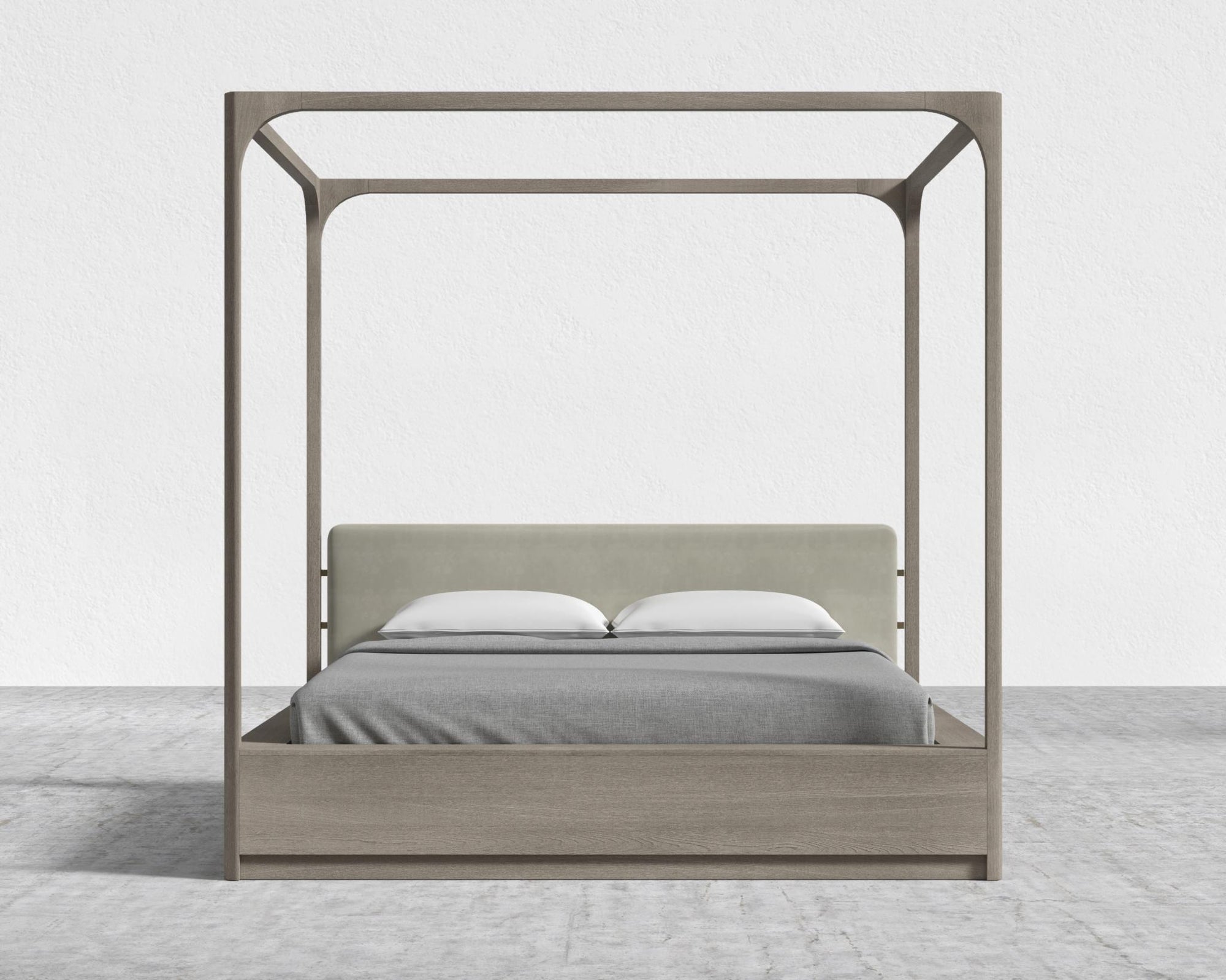 Nerva Canopy Bed - Queen, Grey Oak Veneer, Plush Velvet - Oat
