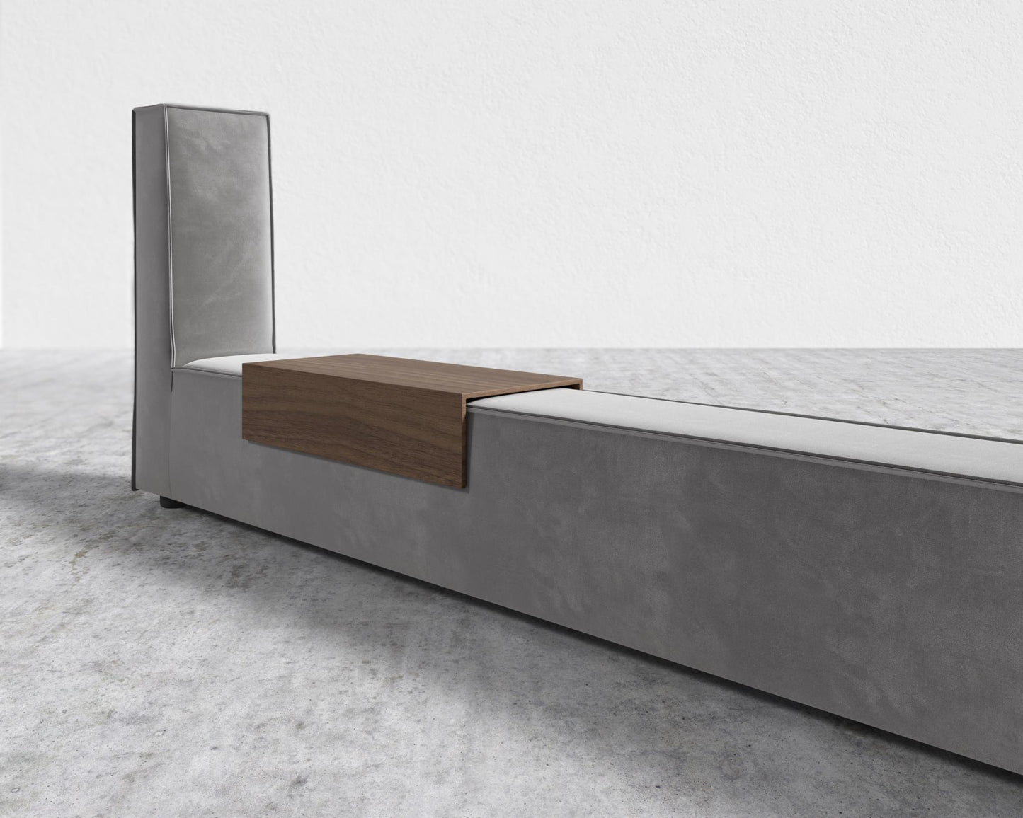 Porter Bed - Extension with Walnut Side Table - Queen, Plush Velvet - Glacier Grey